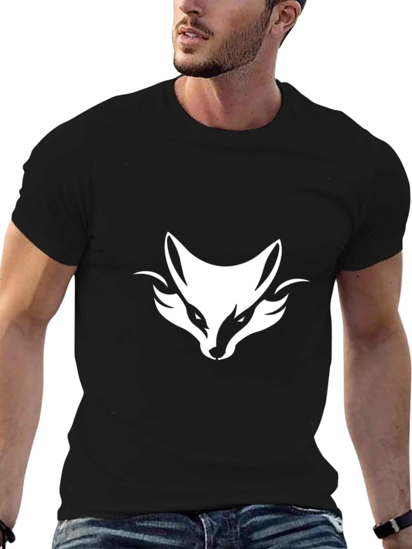 Black T-Shirt with White Fox Head Graphic