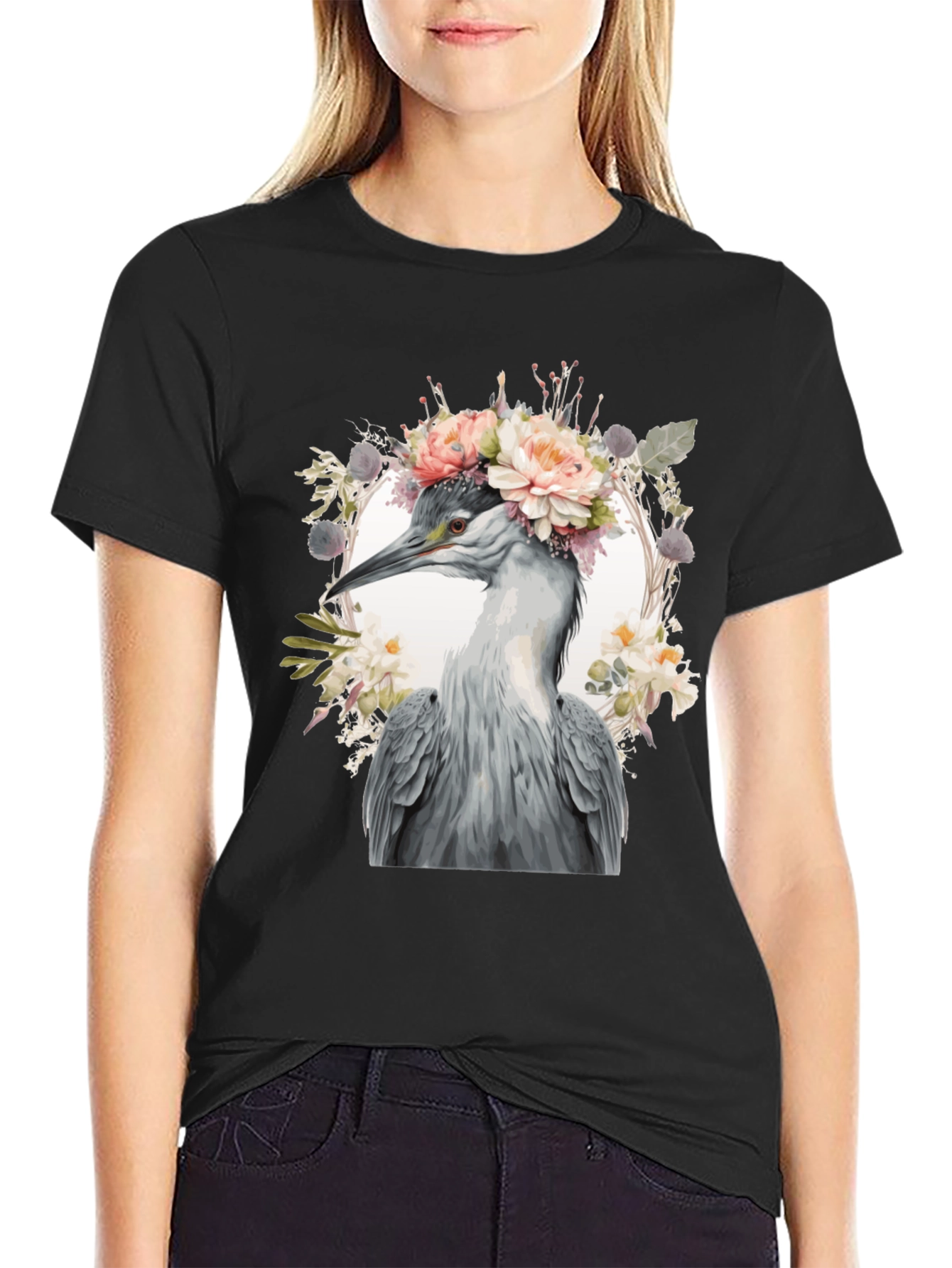 Floral Heron Graphic Tee - Unique Nature Design