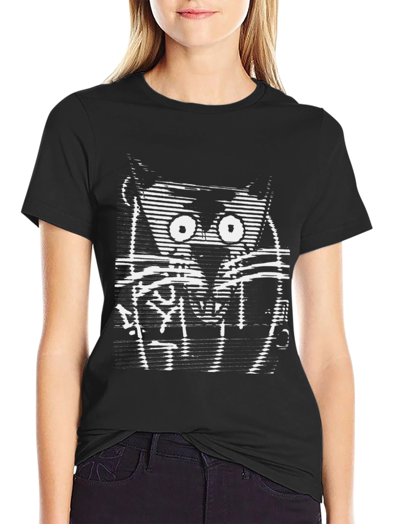 Abstract Cat Graphic Print Black T-Shirt