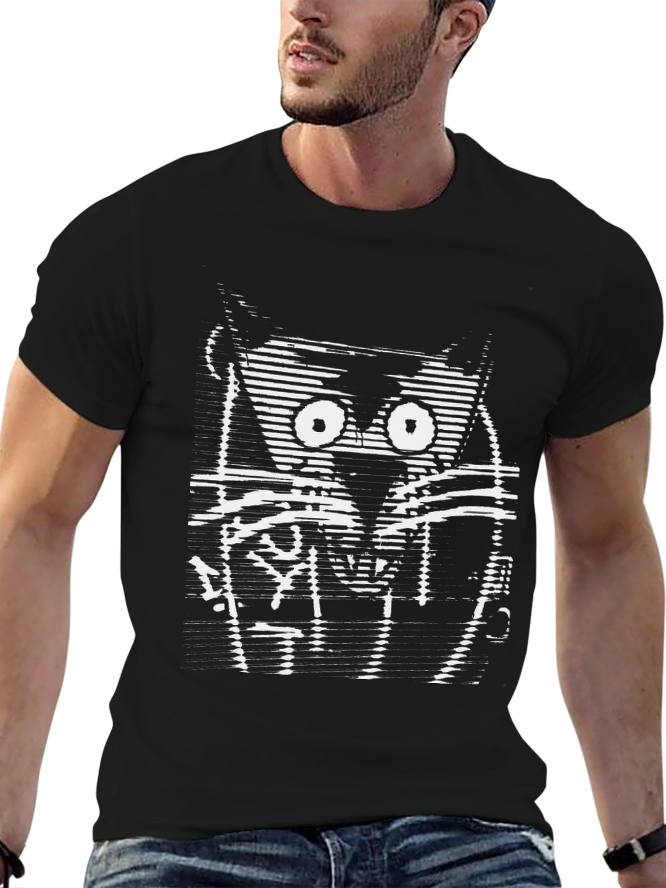 Abstract Cat Graphic Print Black T-Shirt