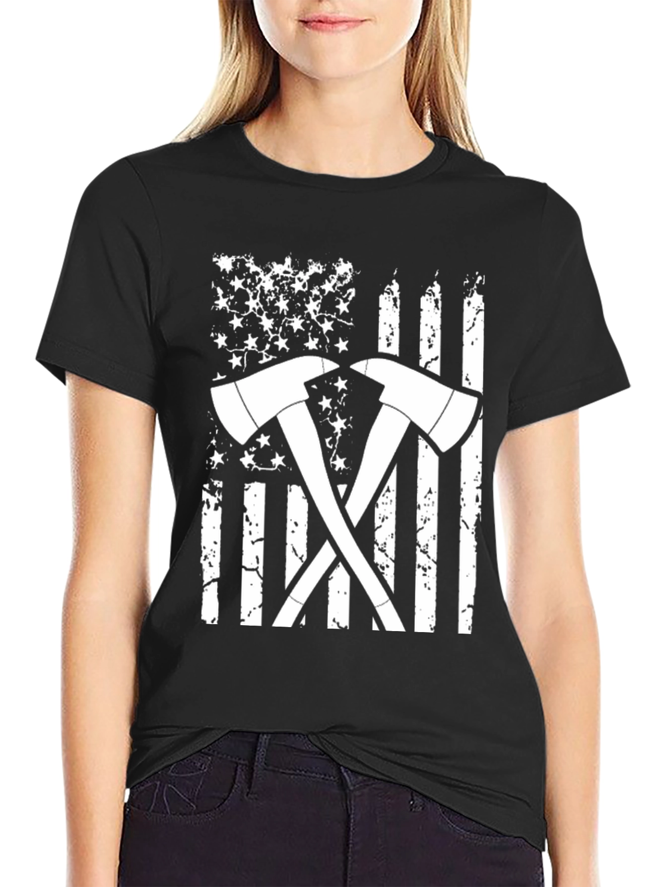 Firefighter Axe American Flag Graphic T-Shirt
