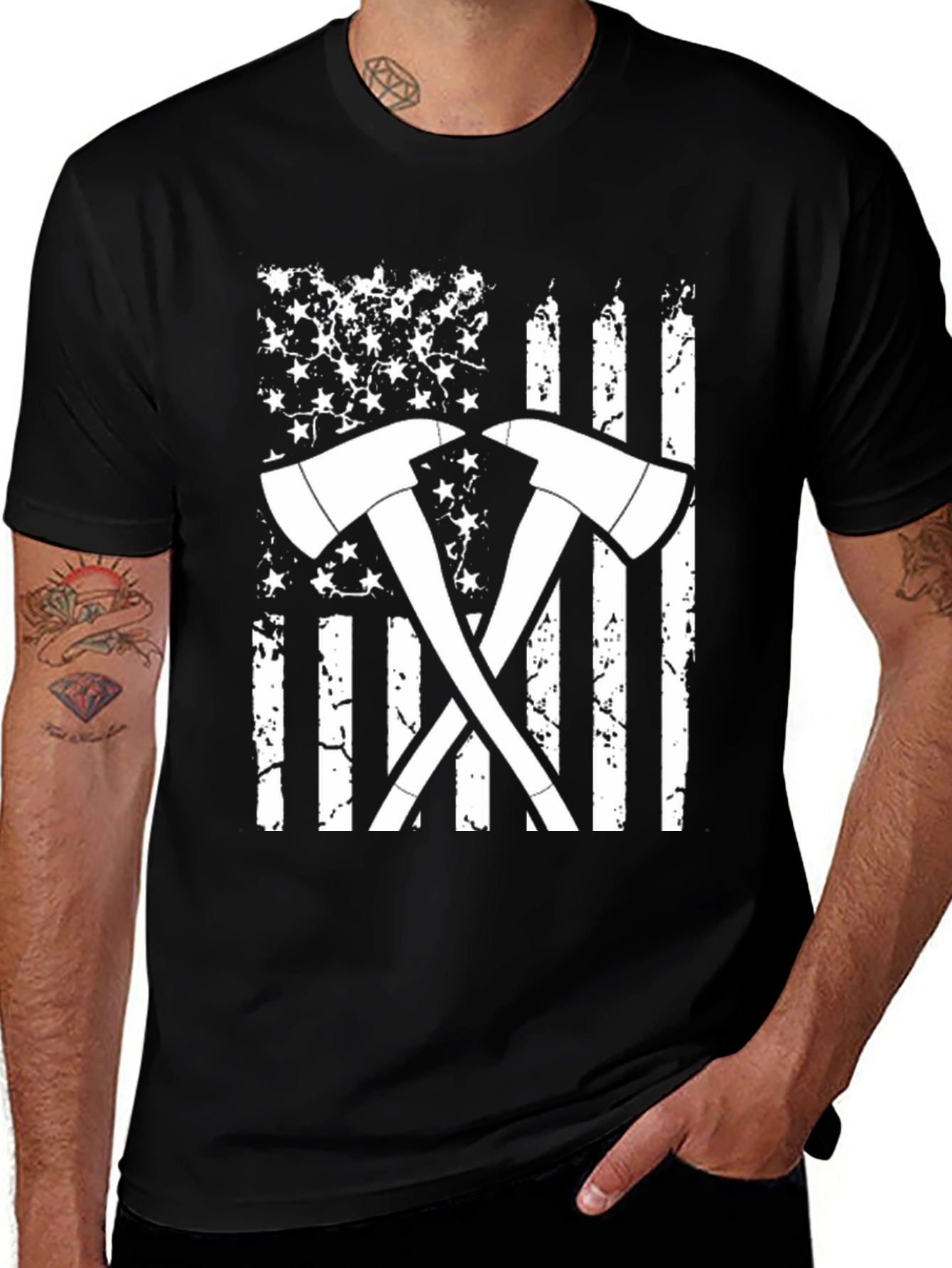Firefighter Axe American Flag Graphic T-Shirt