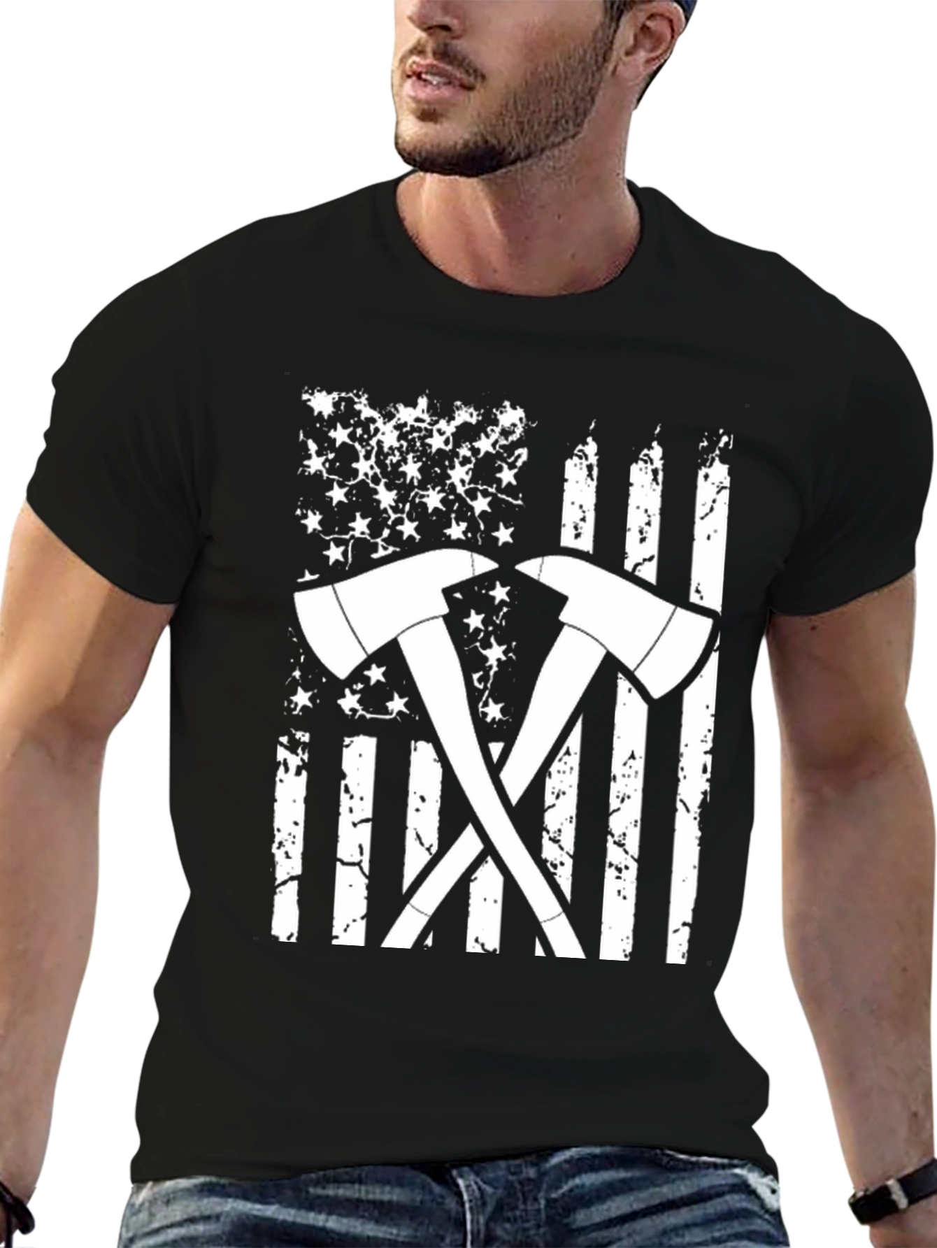 Firefighter Axe American Flag Graphic T-Shirt