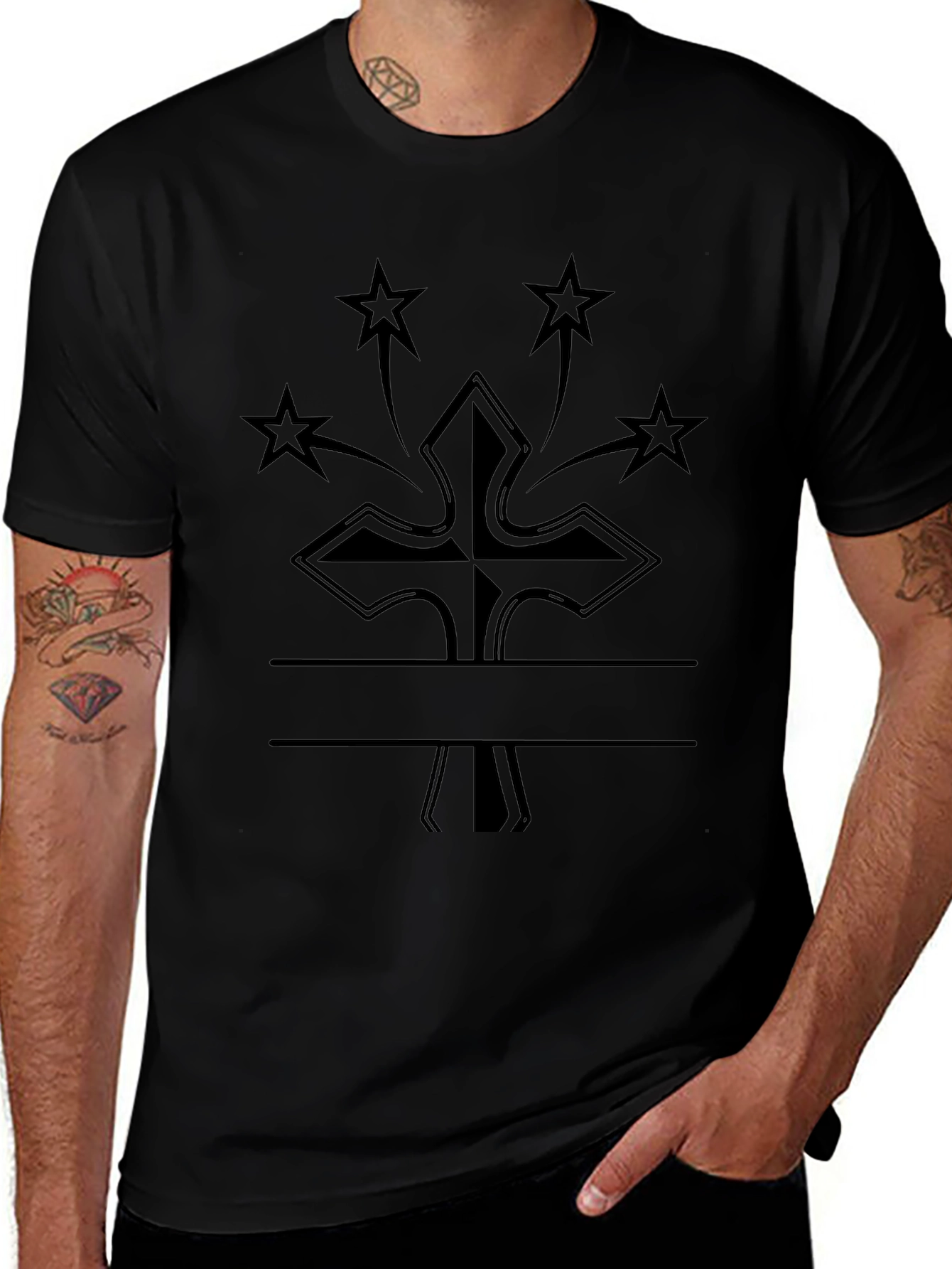 Cross & Stars Graphic T-Shirt - Black