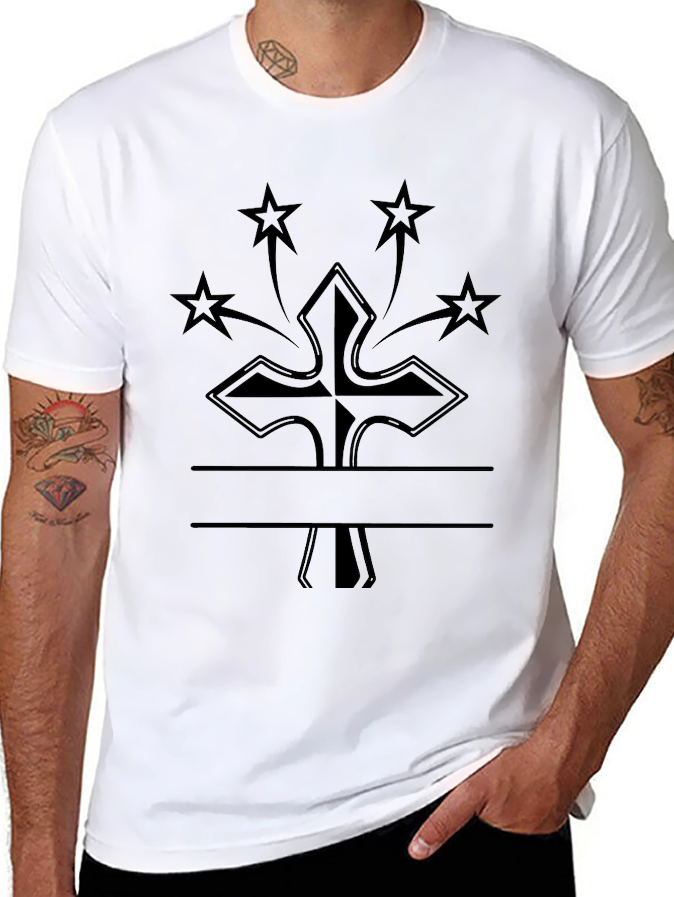 Cross & Stars Graphic T-Shirt - Black