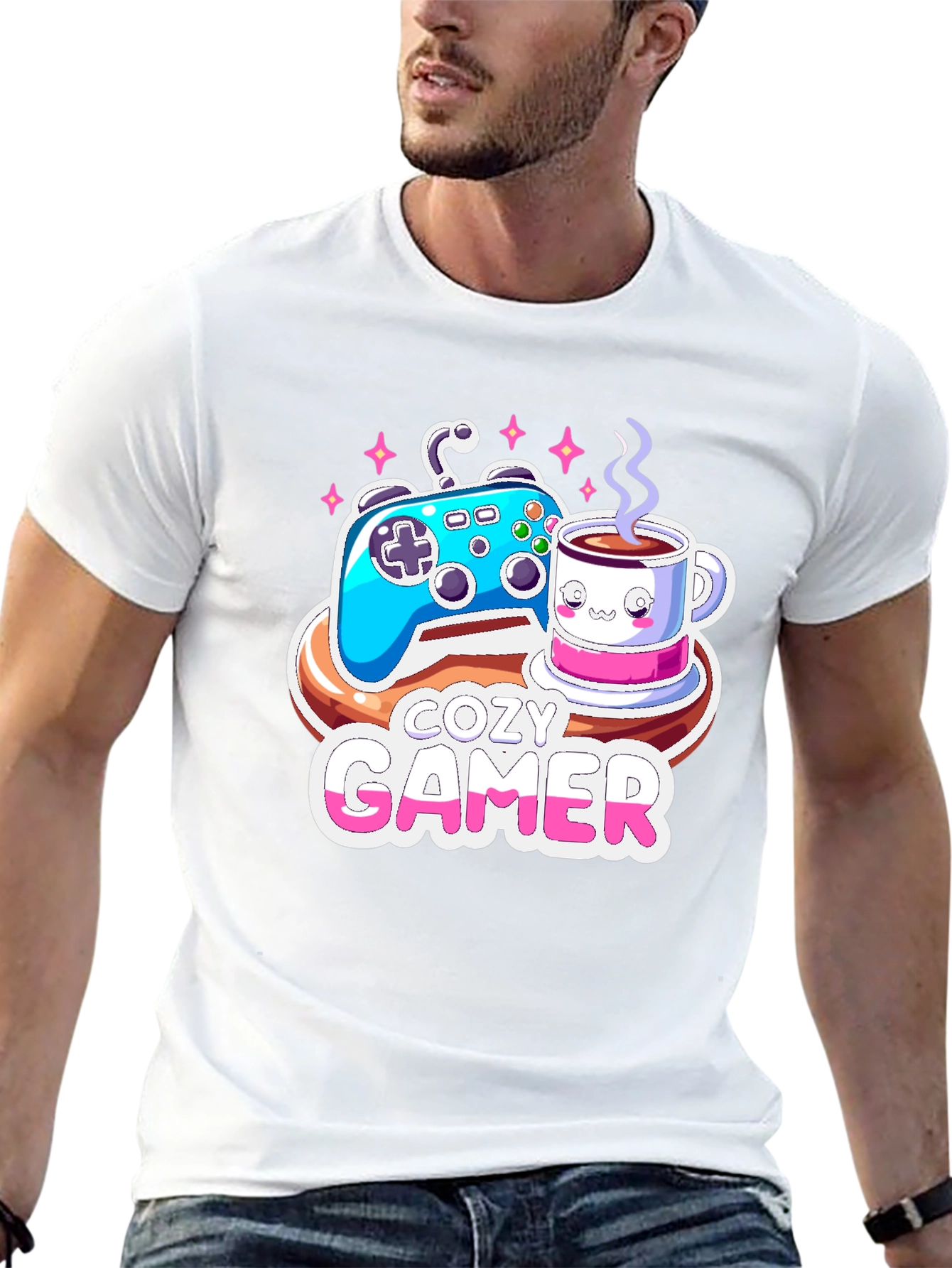 Cozy Gamer T-Shirt: Gaming & Coffee Design