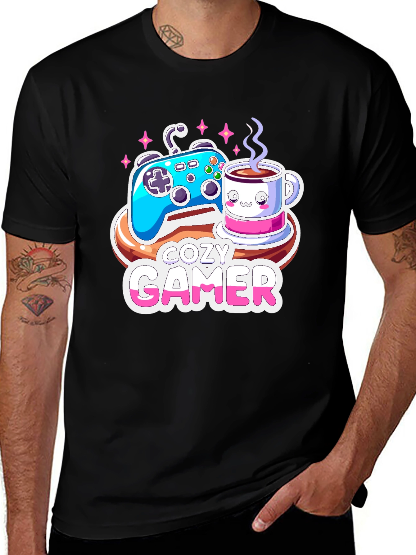 Cozy Gamer T-Shirt: Gaming & Coffee Design