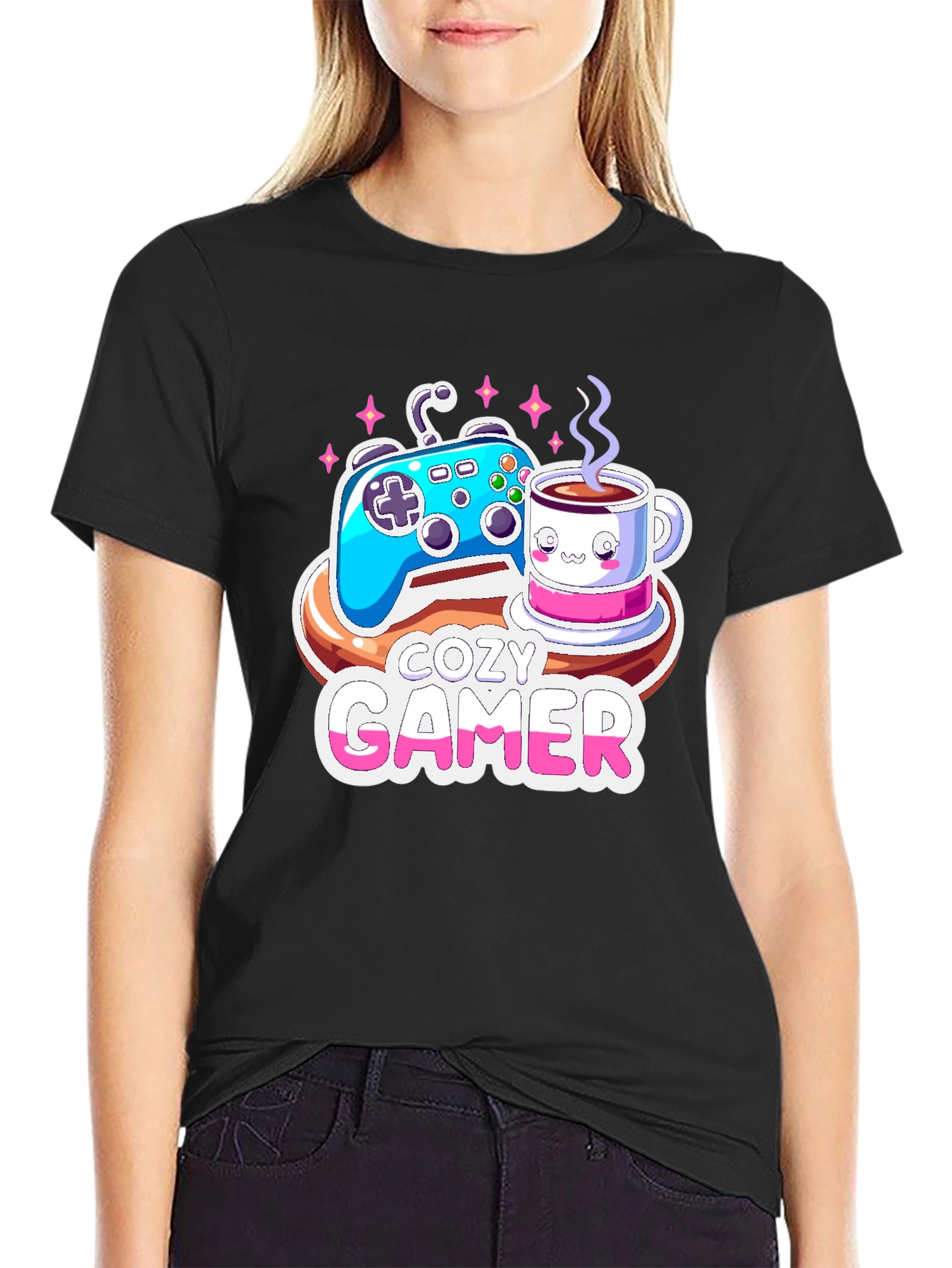Cozy Gamer T-Shirt: Gaming & Coffee Design