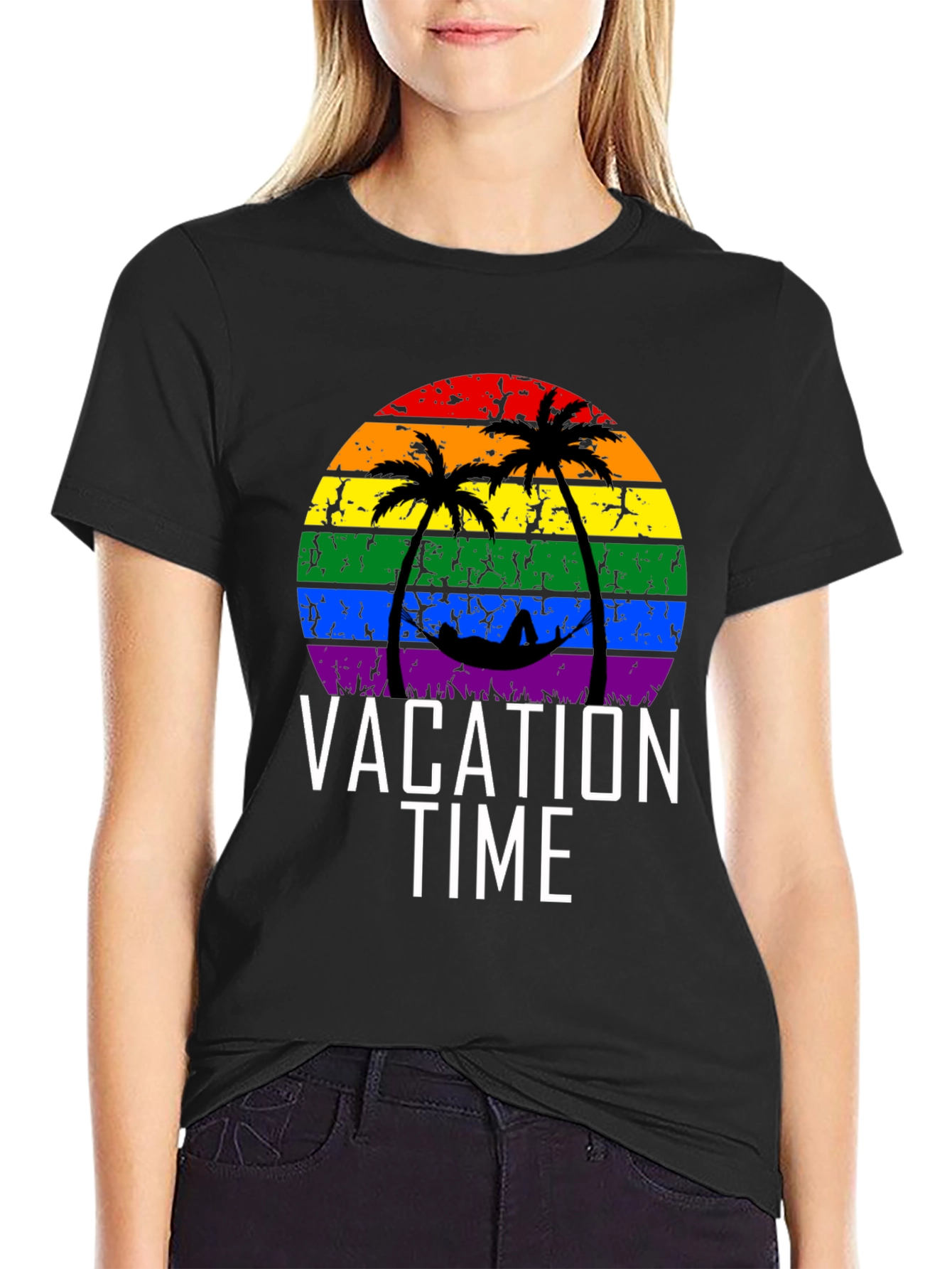 Vacation Time Rainbow Palm Tree Graphic Tee