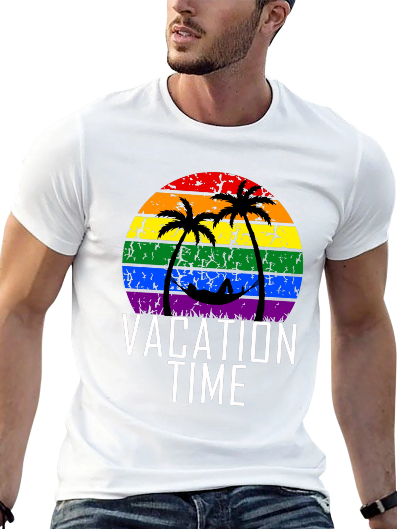 Vacation Time Rainbow Palm Tree Graphic Tee