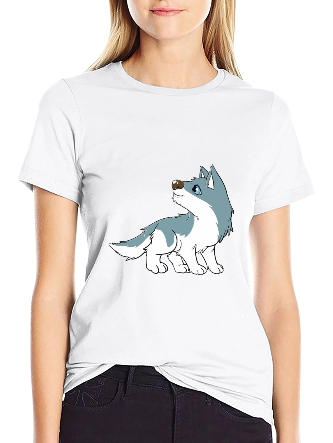 Cartoon Wolf Graphic Tee - Black Cotton Casual T-Shirt