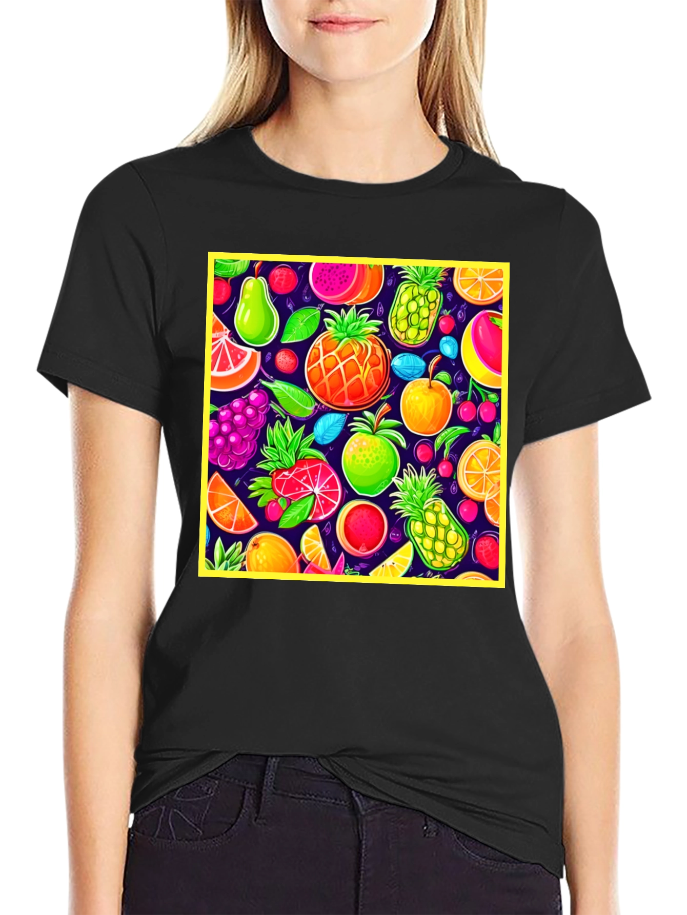 Vibrant Fruit Pattern Crew Neck T-Shirt