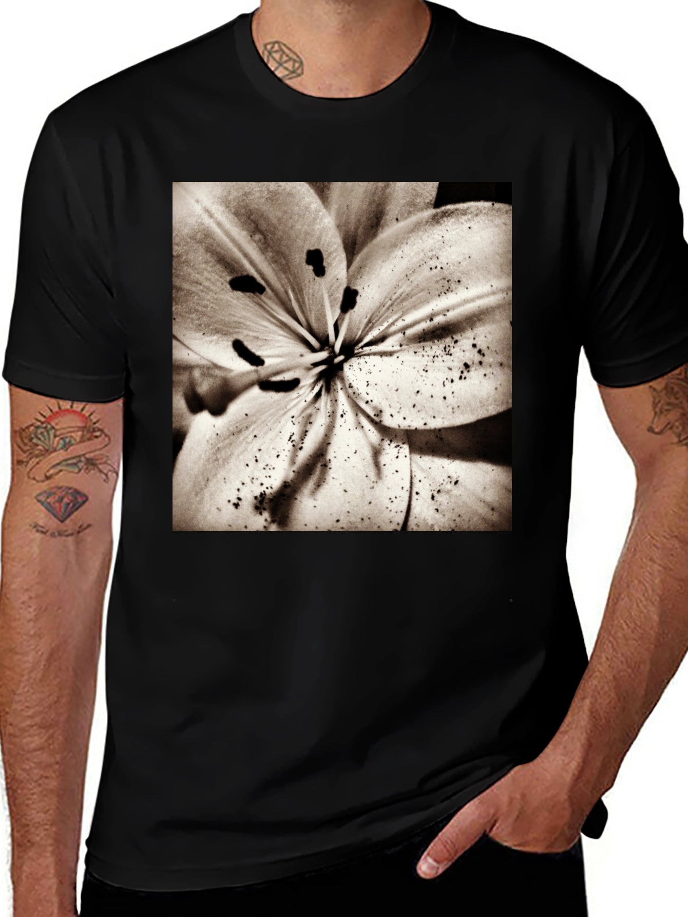 Floral Print Crew Neck T-Shirt - Black