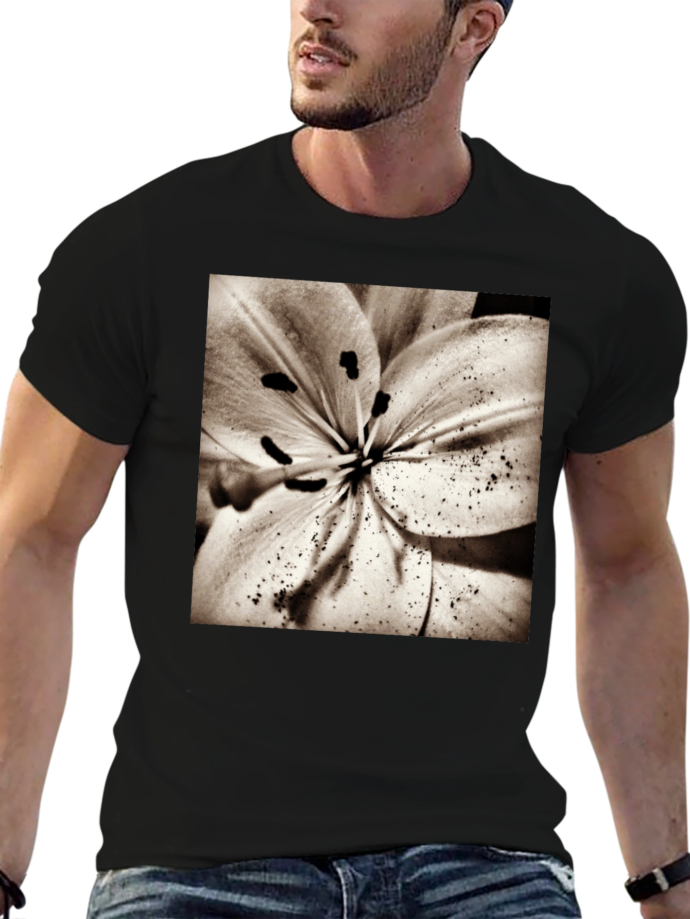 Floral Print Crew Neck T-Shirt - Black