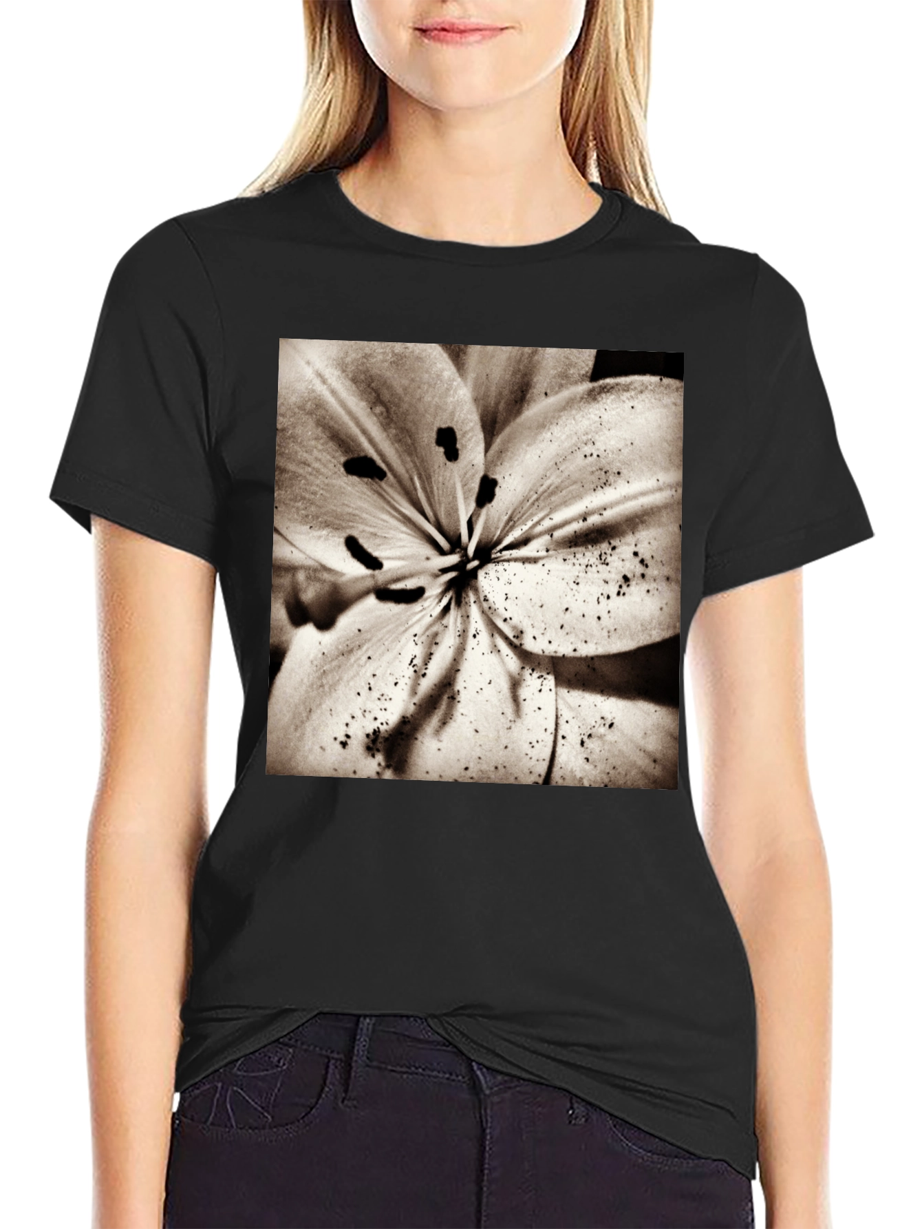 Floral Print Crew Neck T-Shirt - Black