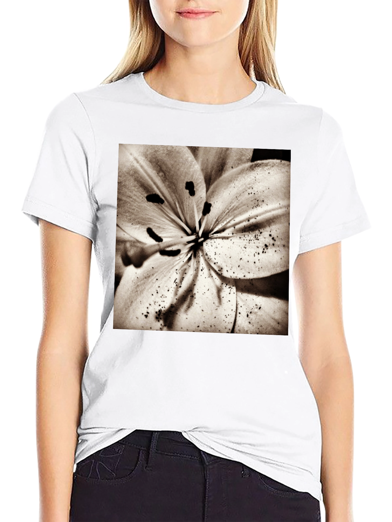 Floral Print Crew Neck T-Shirt - Black