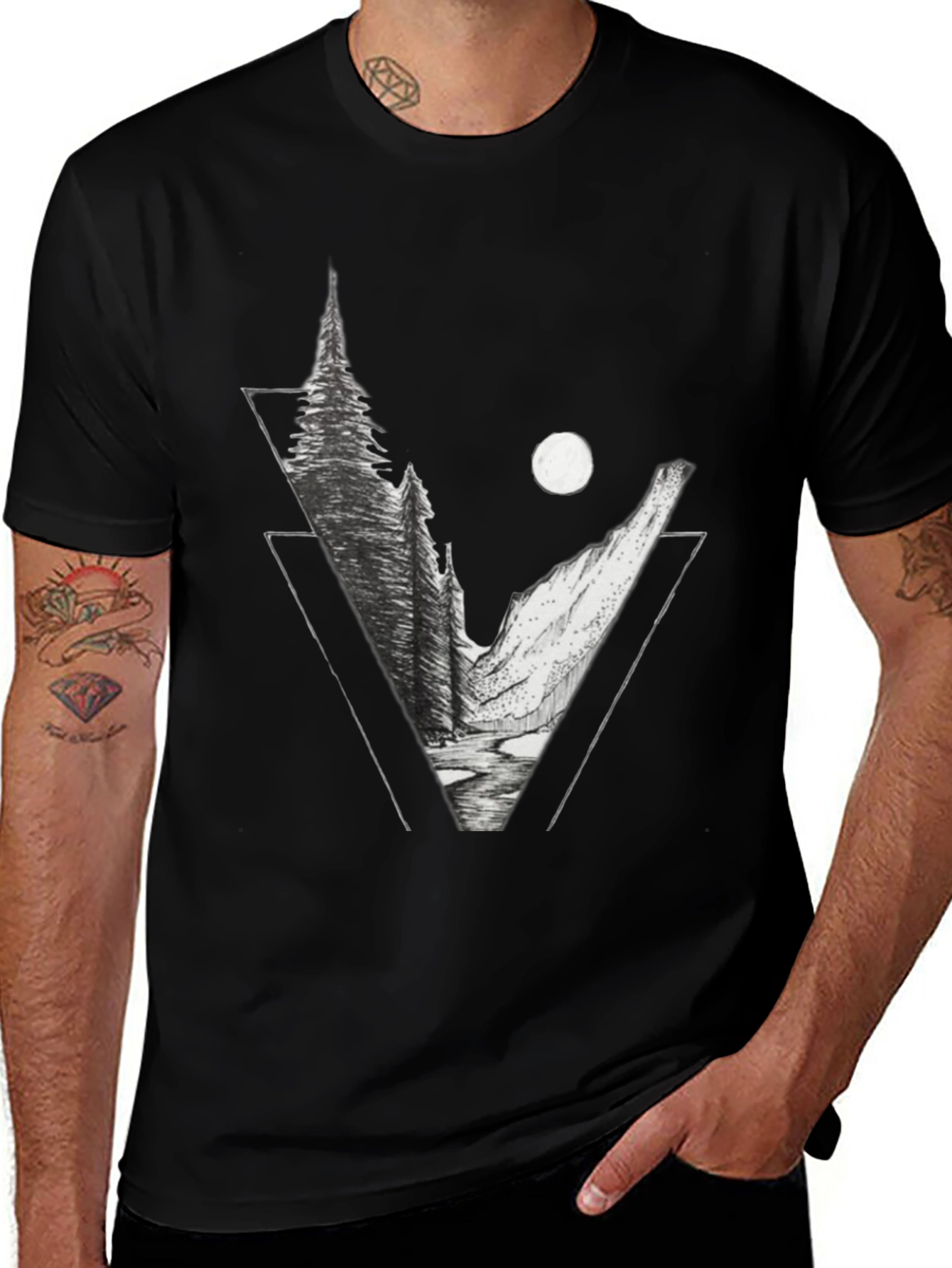 Geometric Mountain Scene Graphic Tee - Black