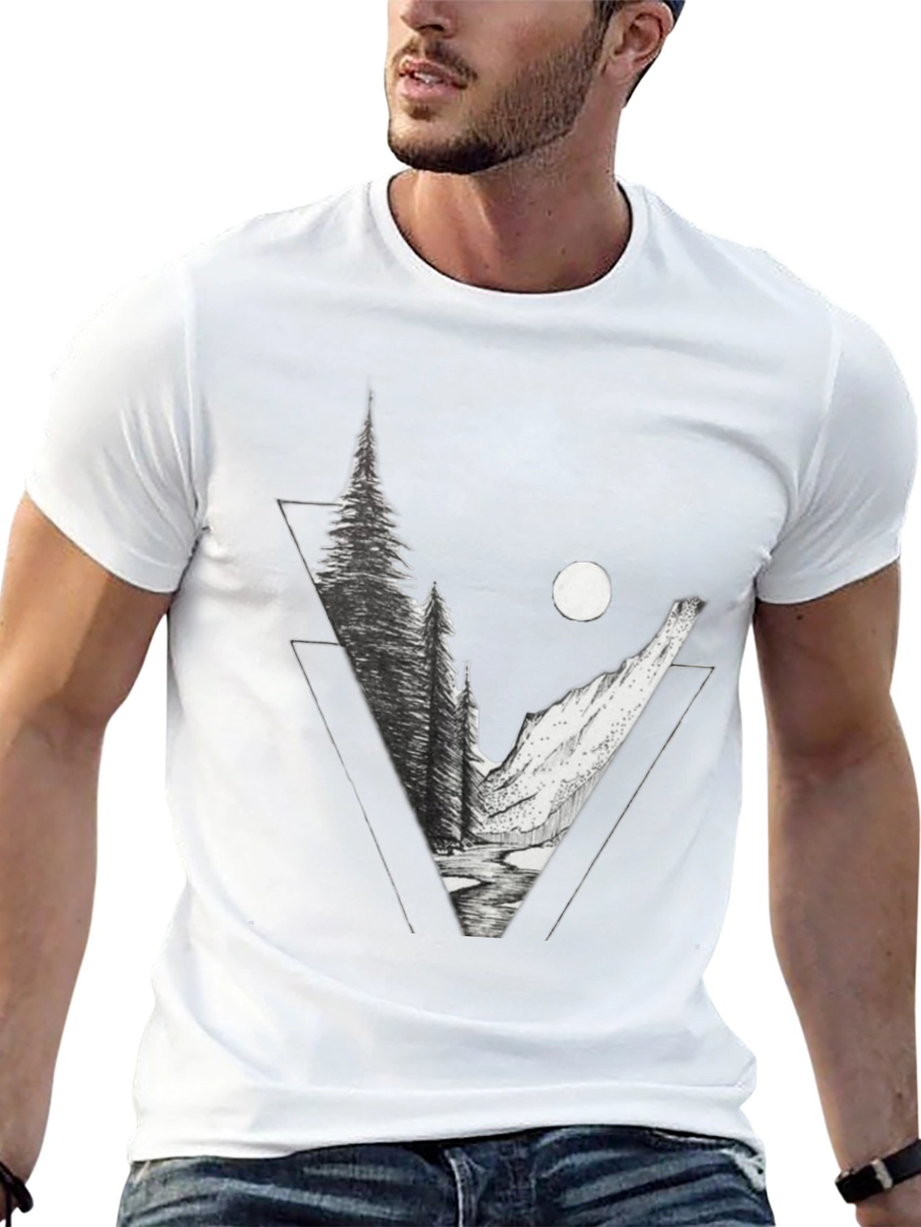 Geometric Mountain Scene Graphic Tee - Black