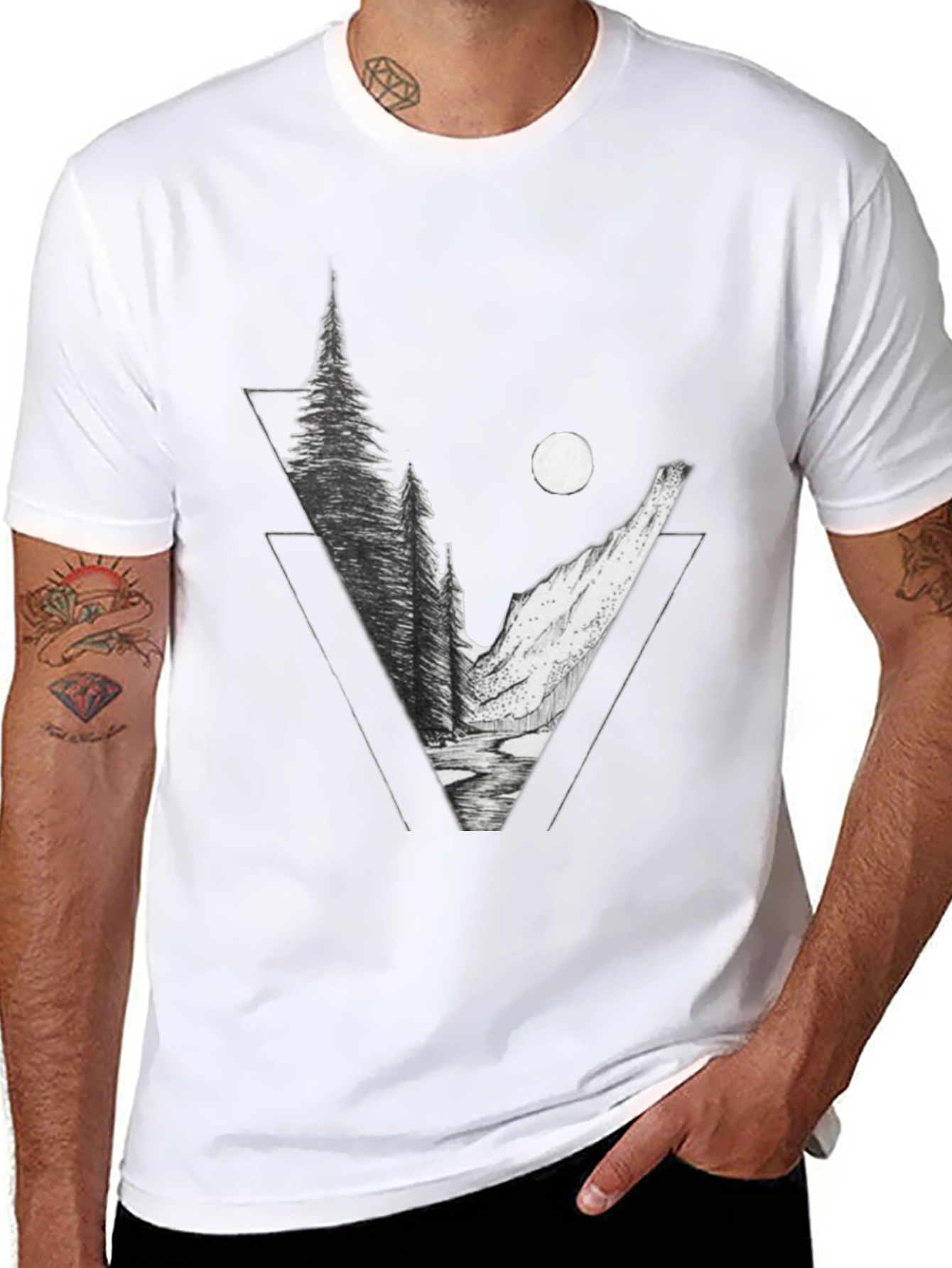 Geometric Mountain Scene Graphic Tee - Black