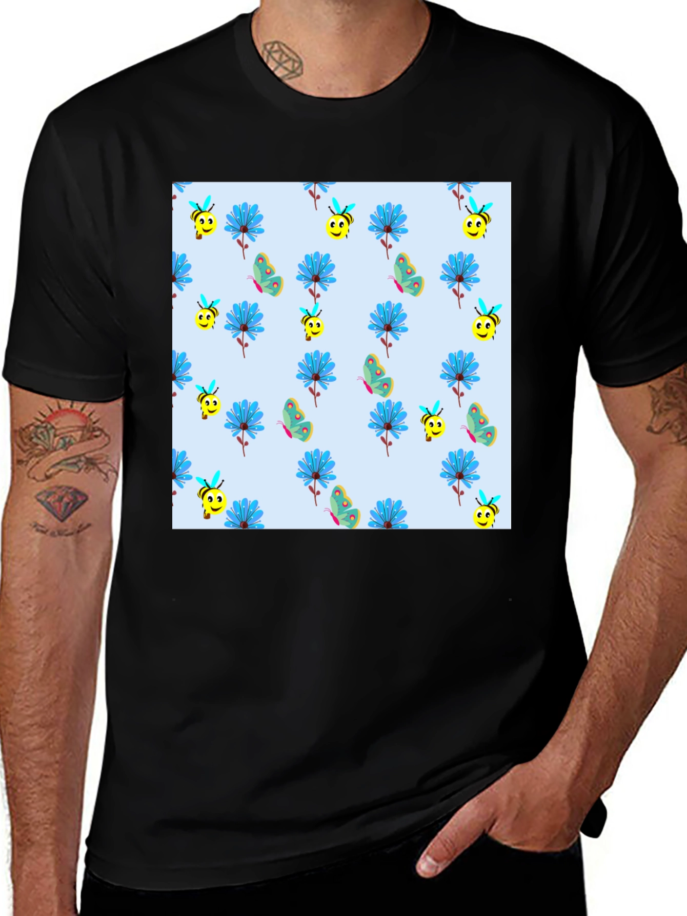 Floral & Bee Print Black T-Shirt