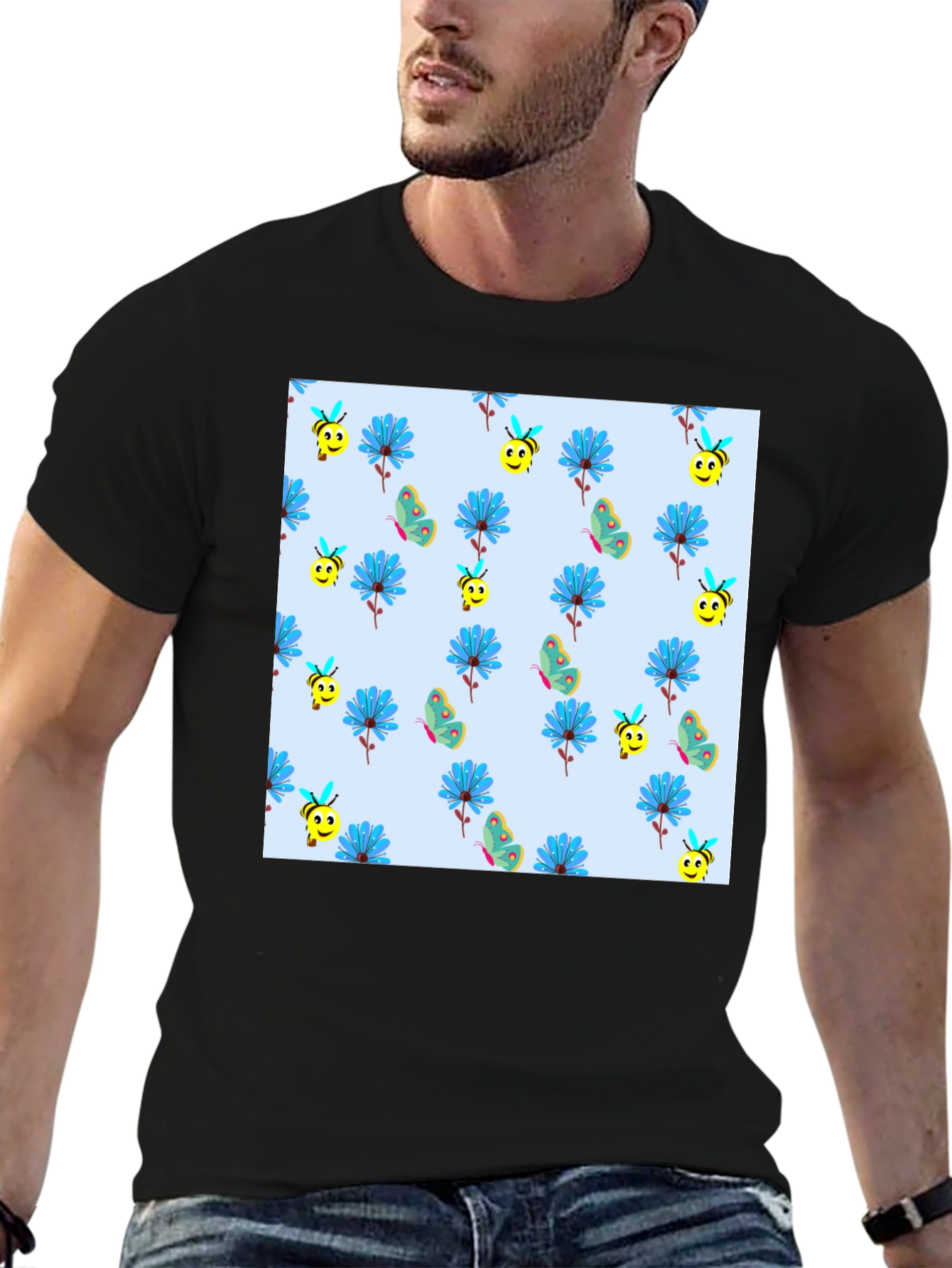 Floral & Bee Print Black T-Shirt