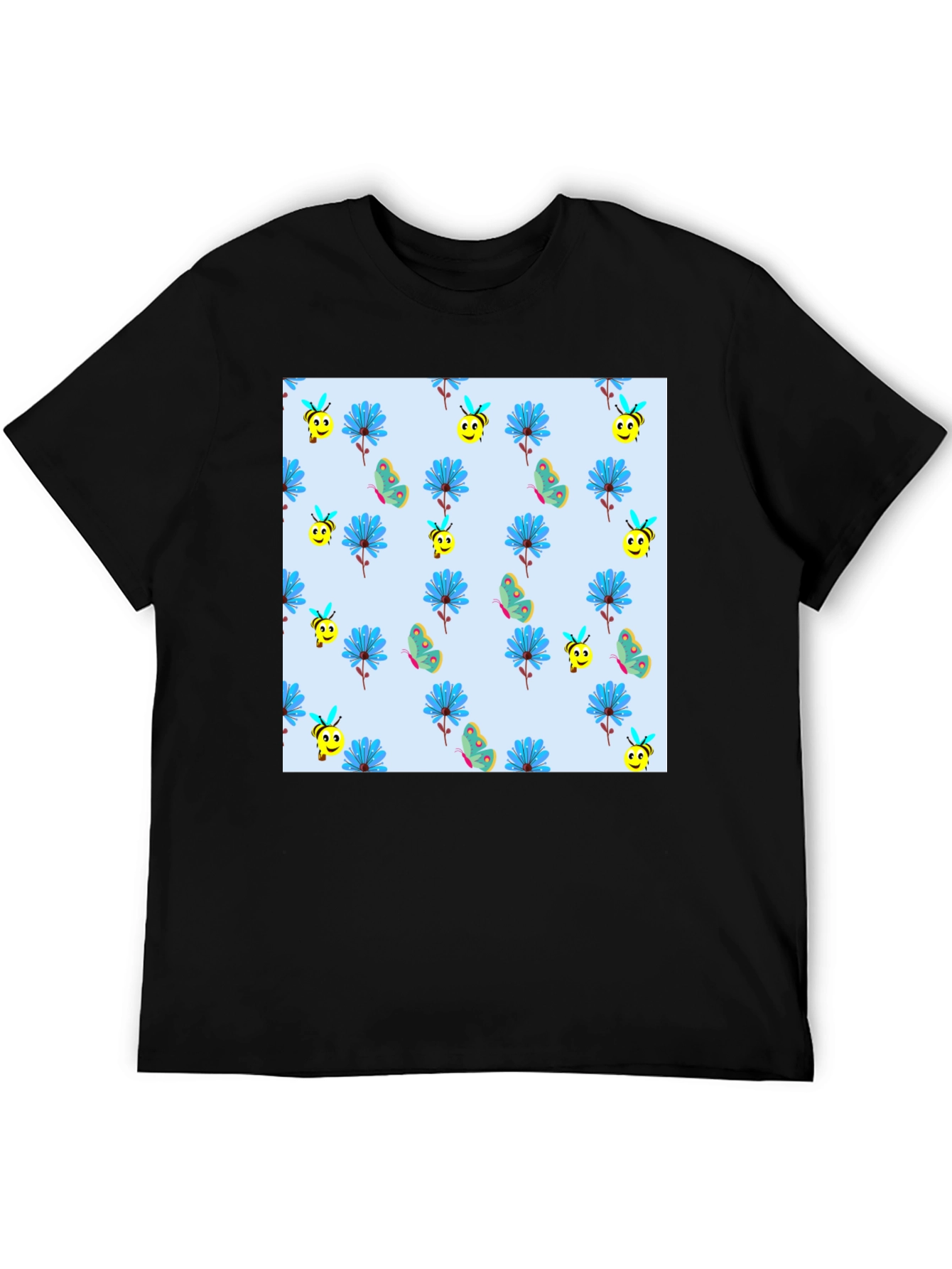 Floral & Bee Print Black T-Shirt