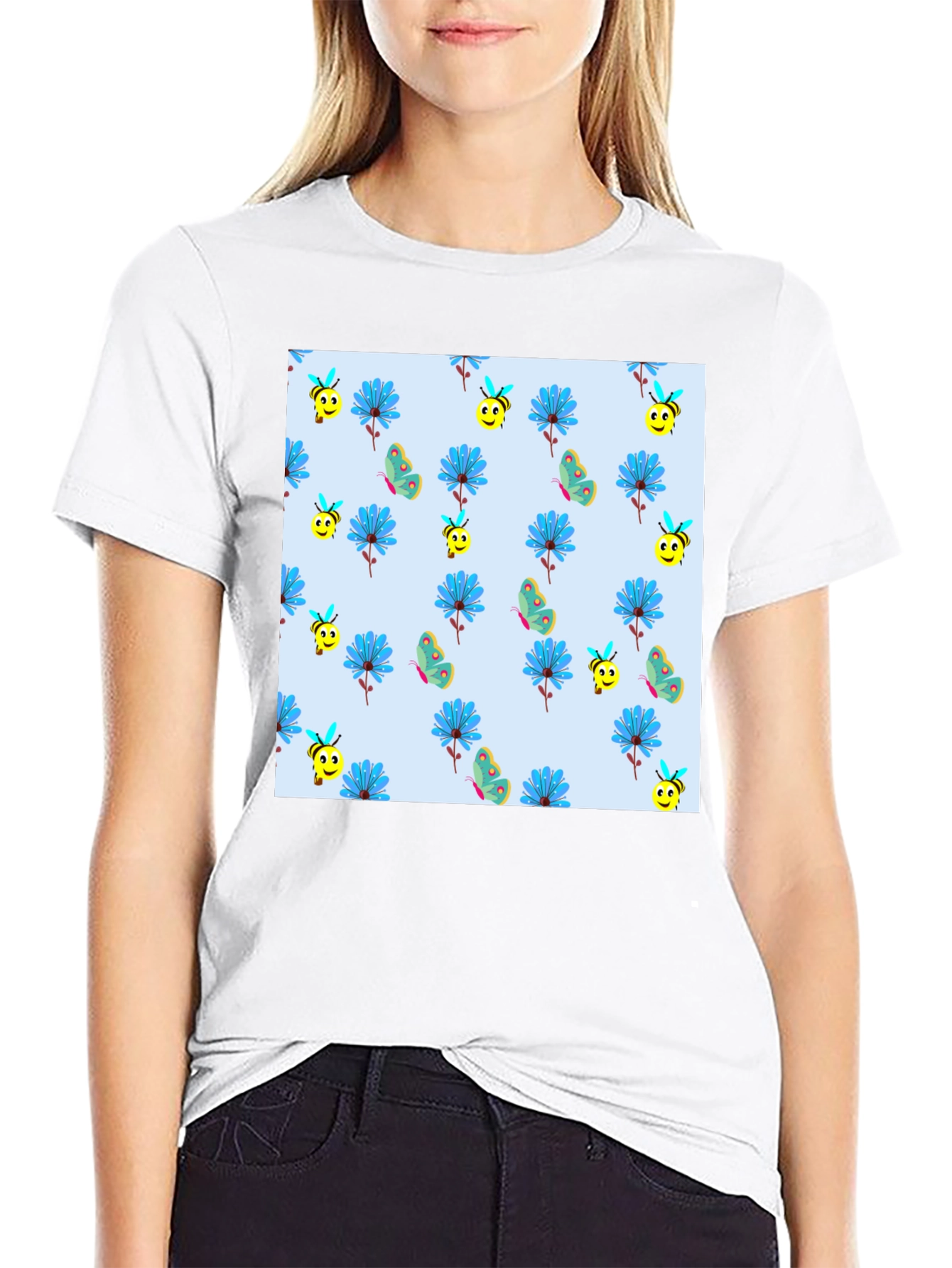 Floral & Bee Print Black T-Shirt
