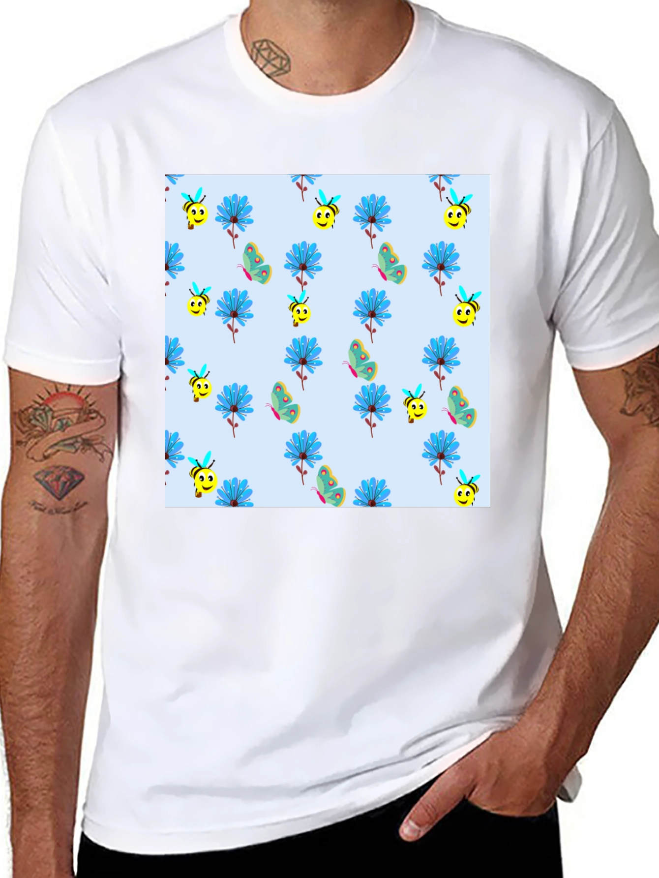 Floral & Bee Print Black T-Shirt