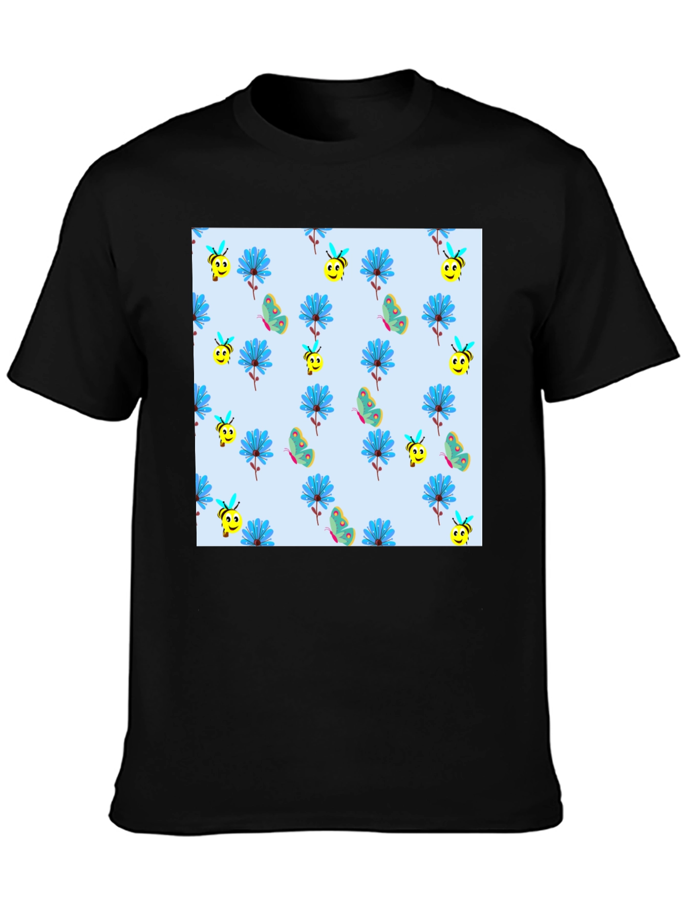 Floral & Bee Print Black T-Shirt