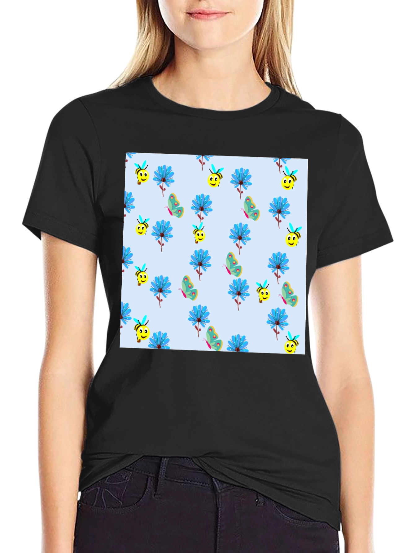 Floral & Bee Print Black T-Shirt