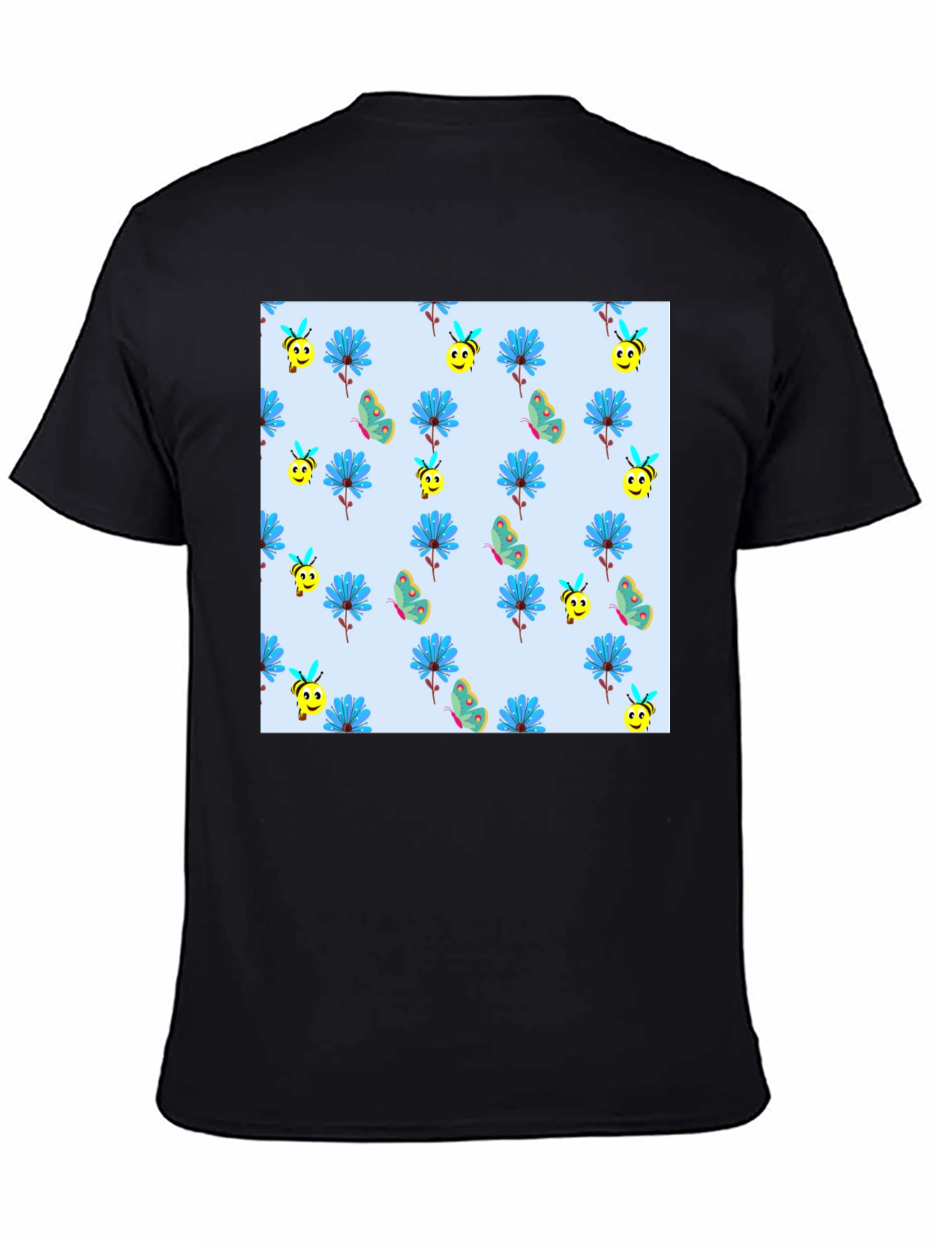 Floral & Bee Print Black T-Shirt