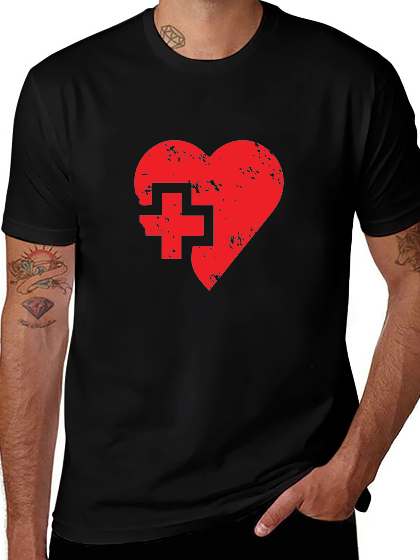 Red Heart & Cross Graphic Black T-Shirt