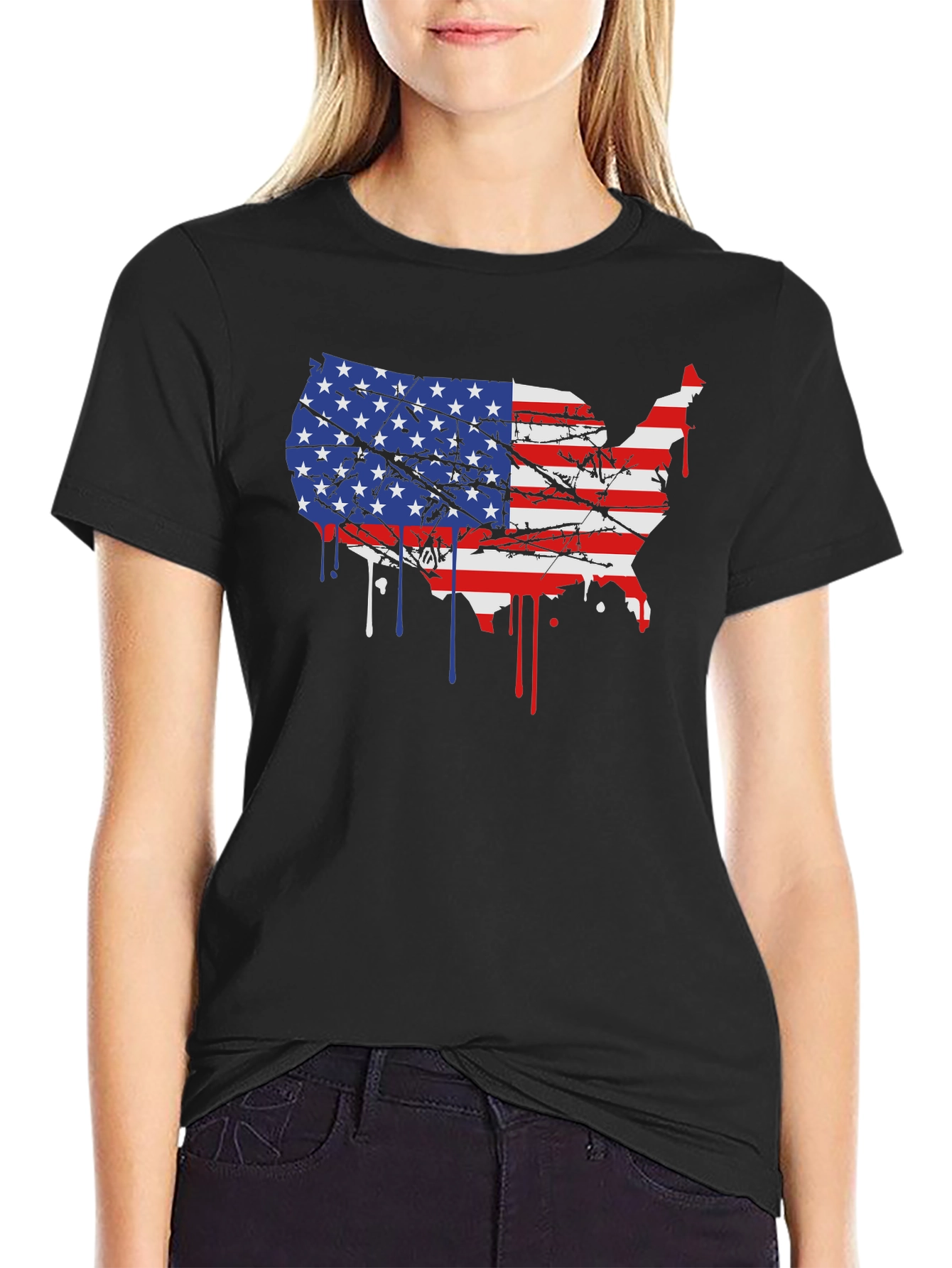 USA Flag Map Mens Black T-Shirt