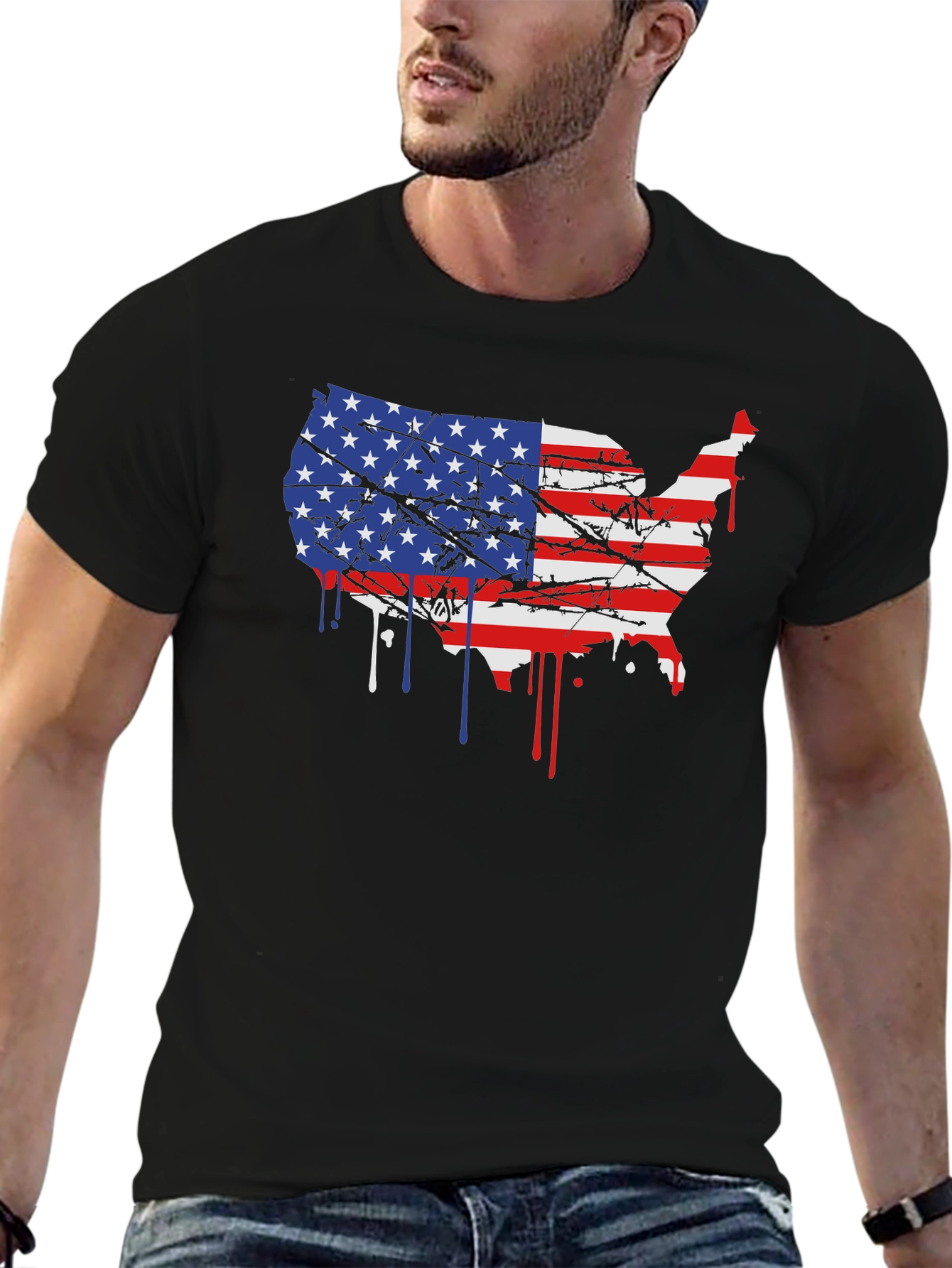 USA Flag Map Mens Black T-Shirt