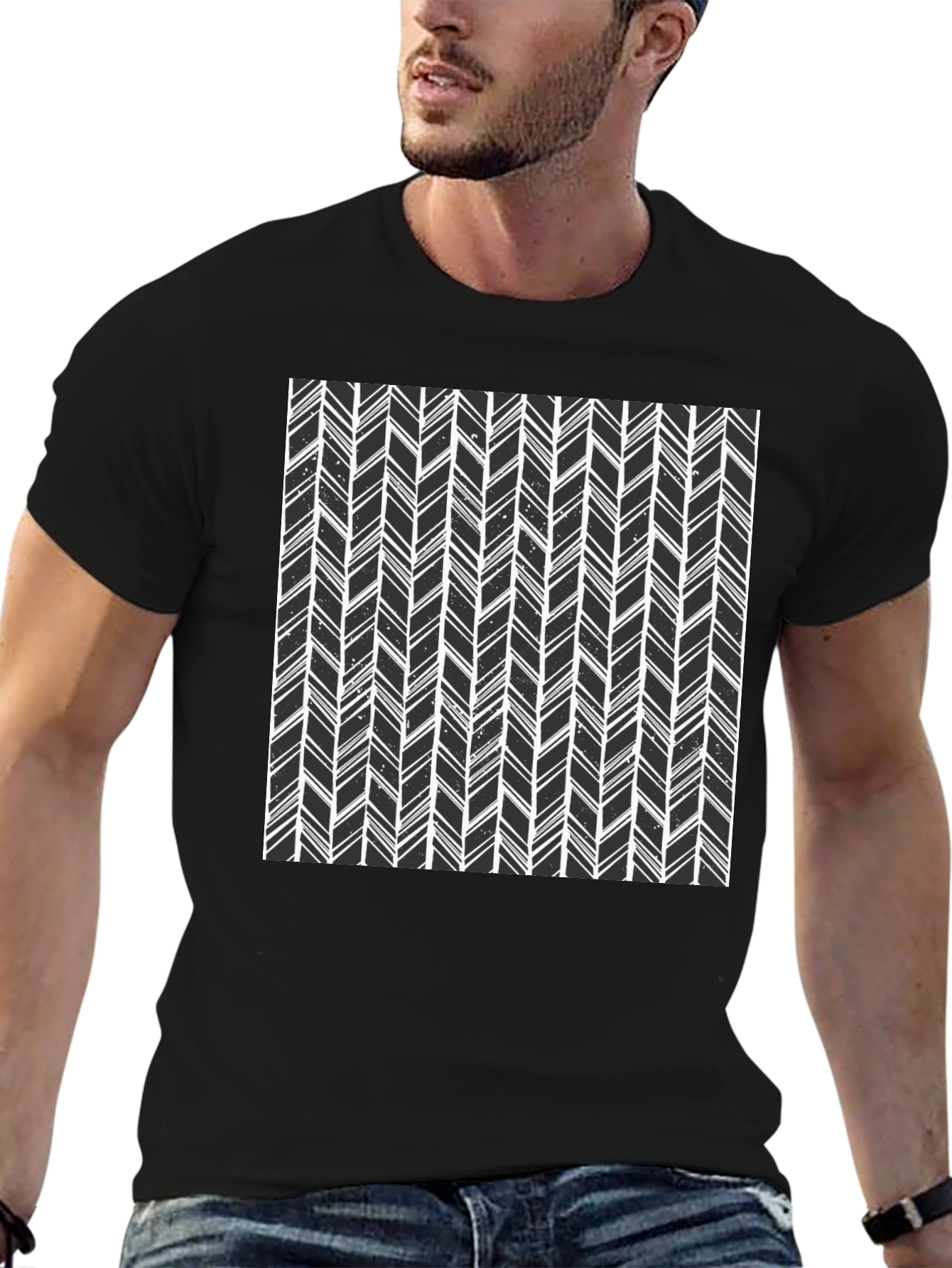 Modern Herringbone Pattern Black T-Shirt