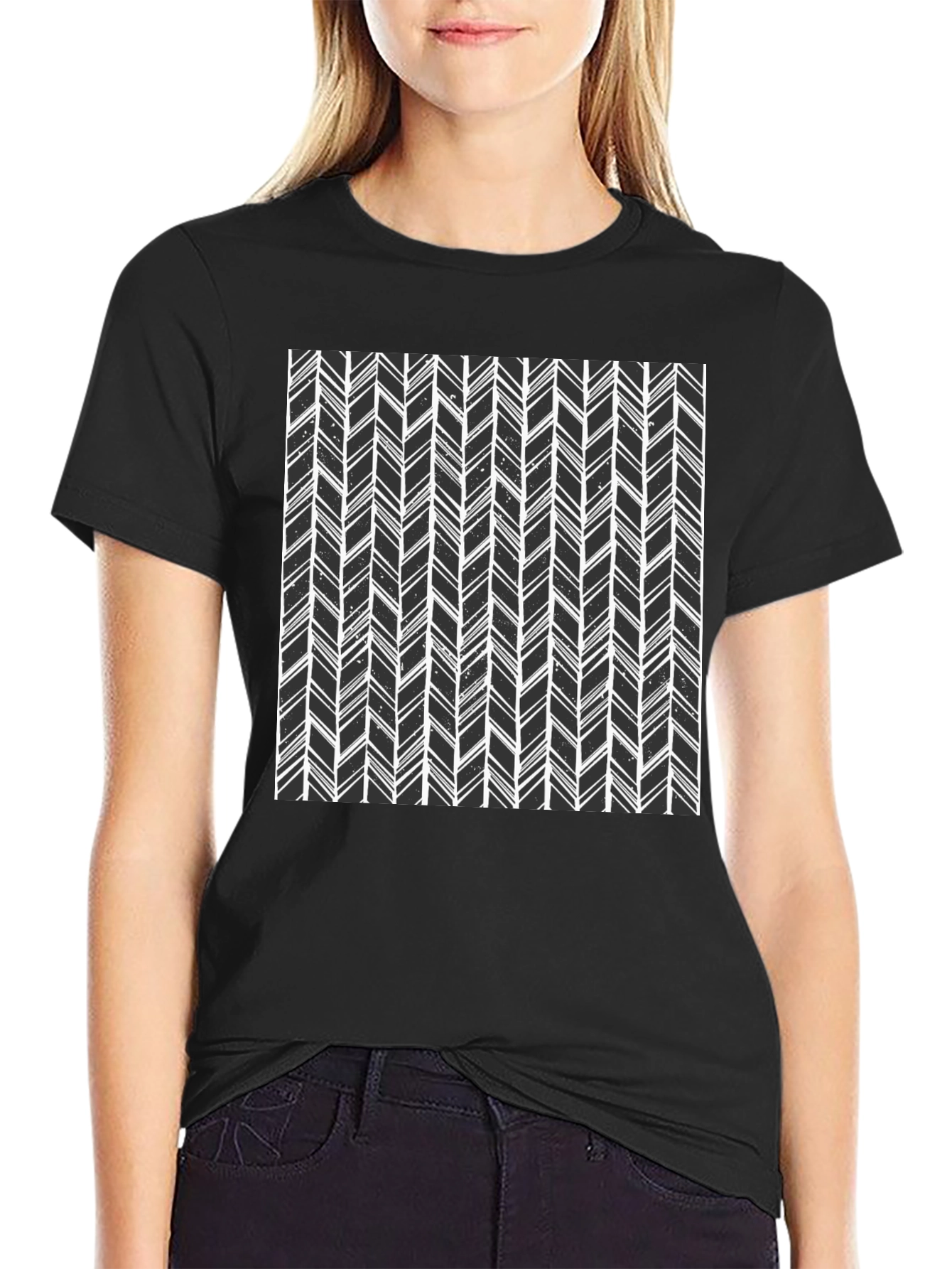 Modern Herringbone Pattern Black T-Shirt