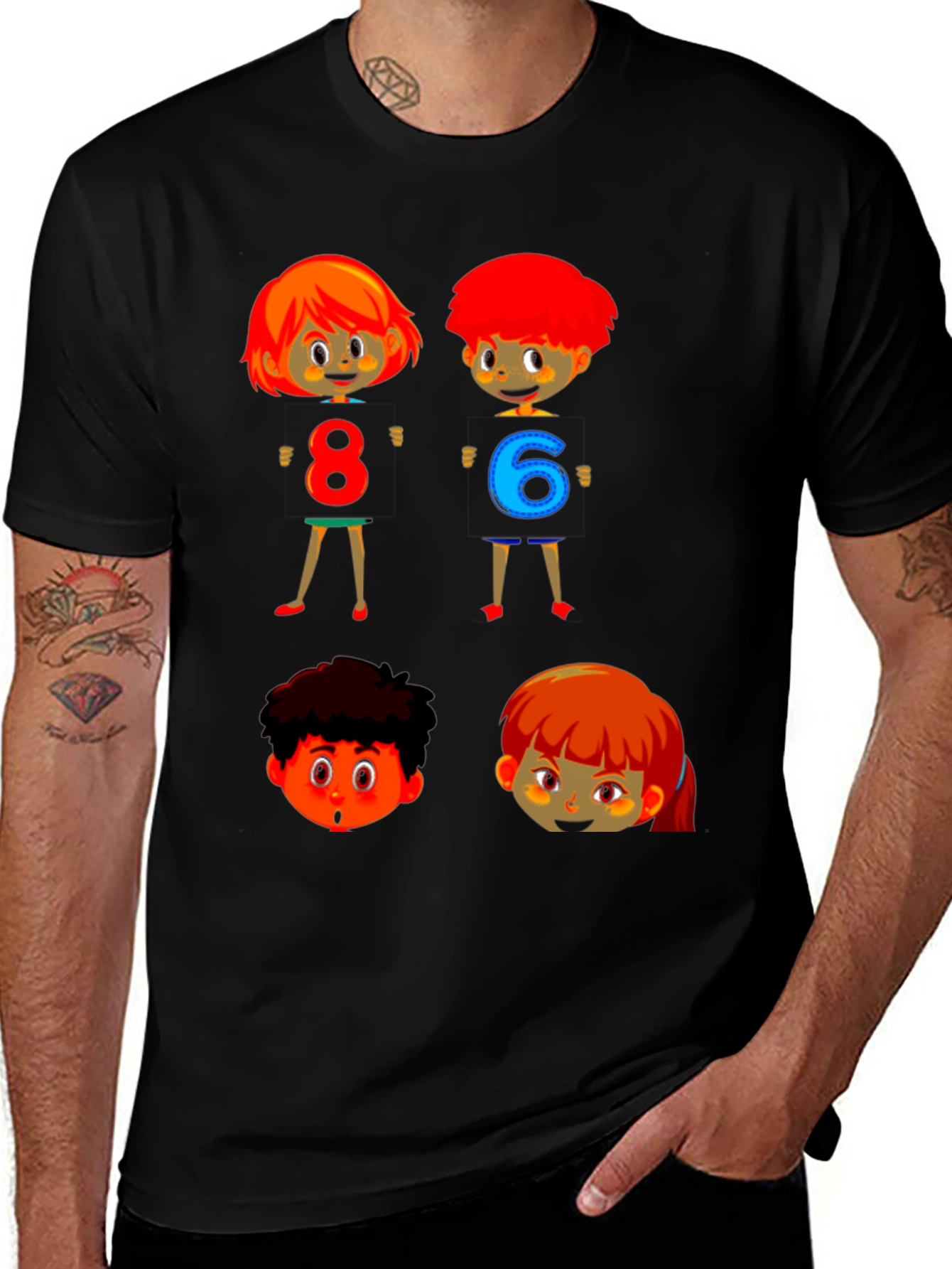 Cartoon Numbers Kids Black T-Shirt