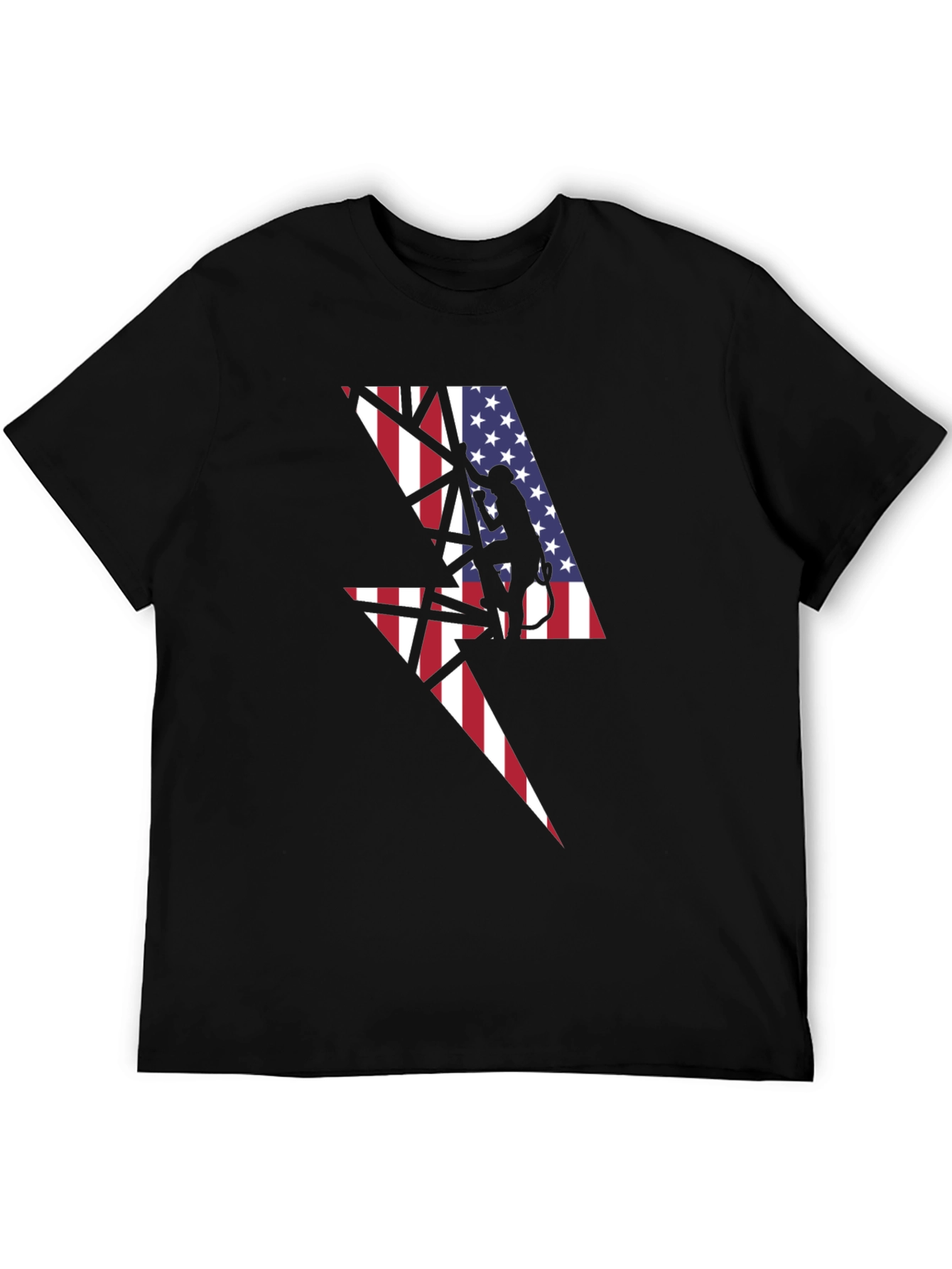 American Flag Lightning Bolt Lineman Black T-Shirt