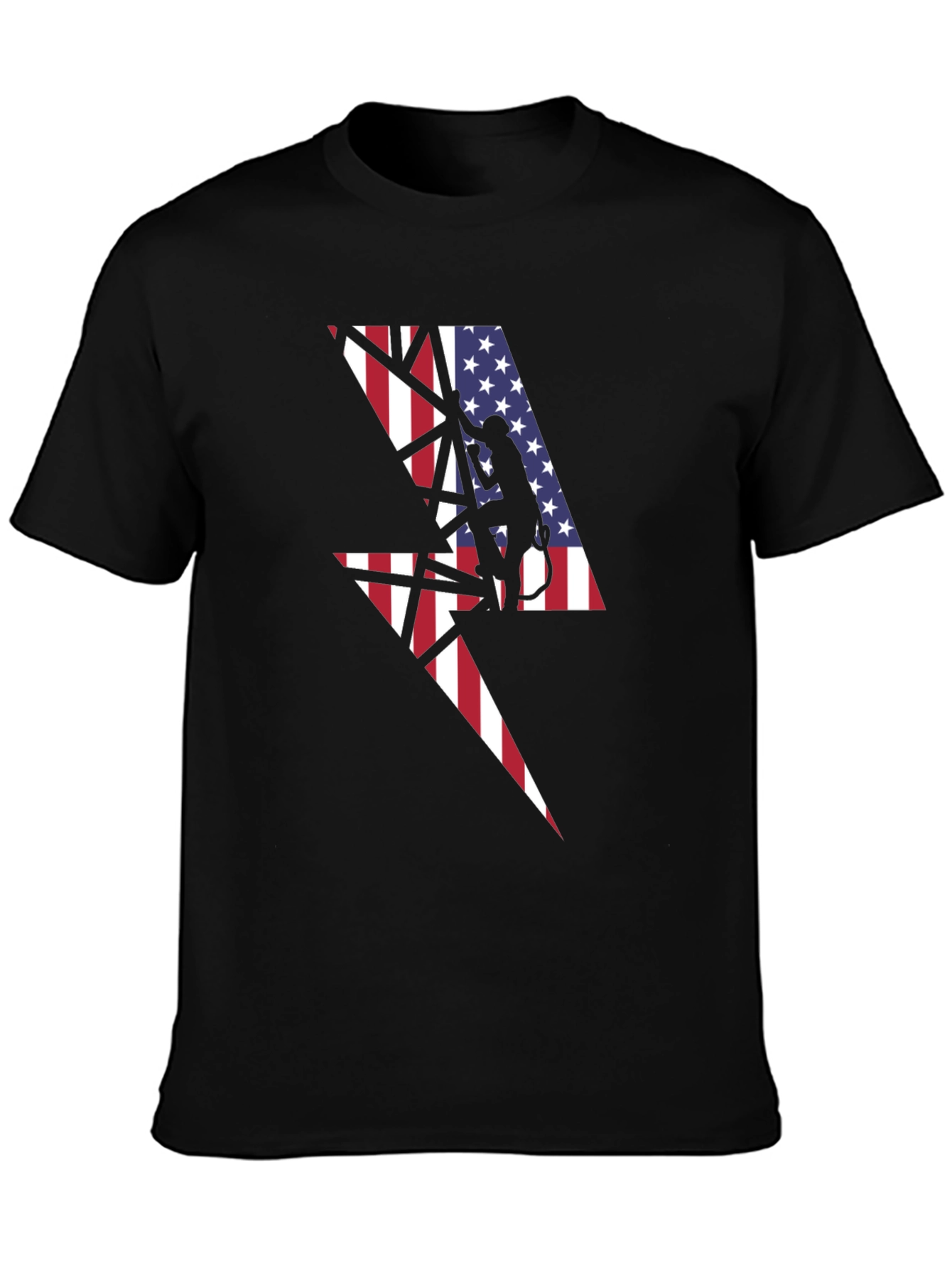American Flag Lightning Bolt Lineman Black T-Shirt