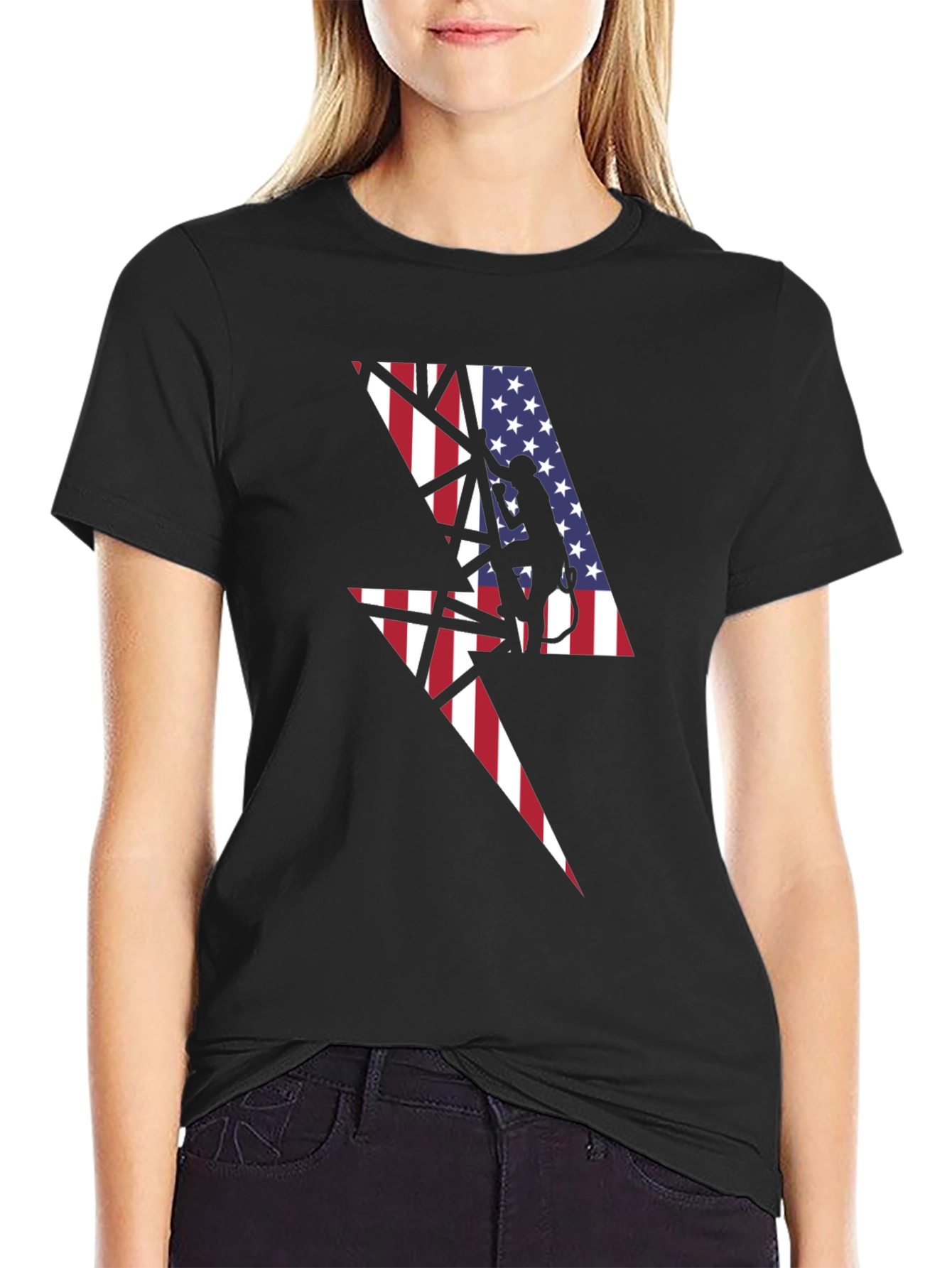 American Flag Lightning Bolt Lineman Black T-Shirt