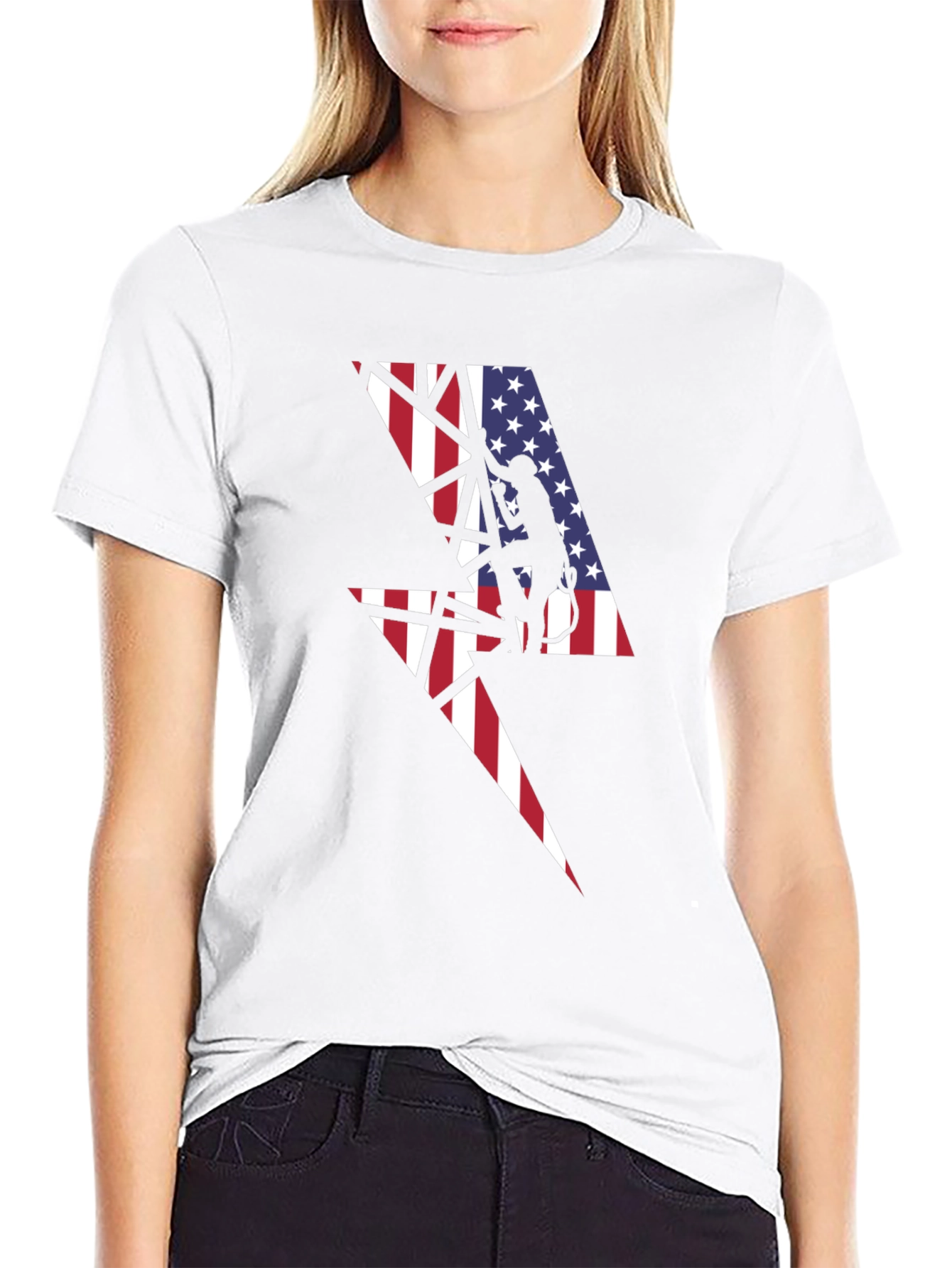American Flag Lightning Bolt Lineman Black T-Shirt