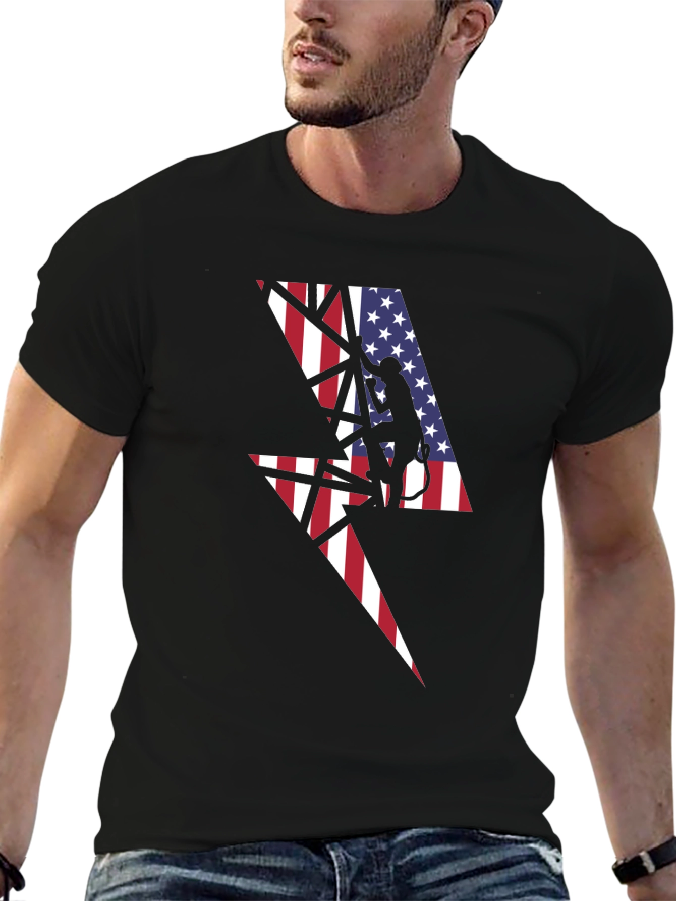 American Flag Lightning Bolt Lineman Black T-Shirt