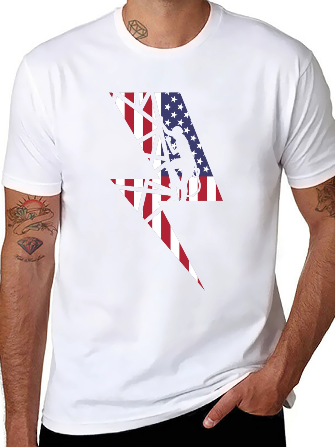 American Flag Lightning Bolt Lineman Black T-Shirt