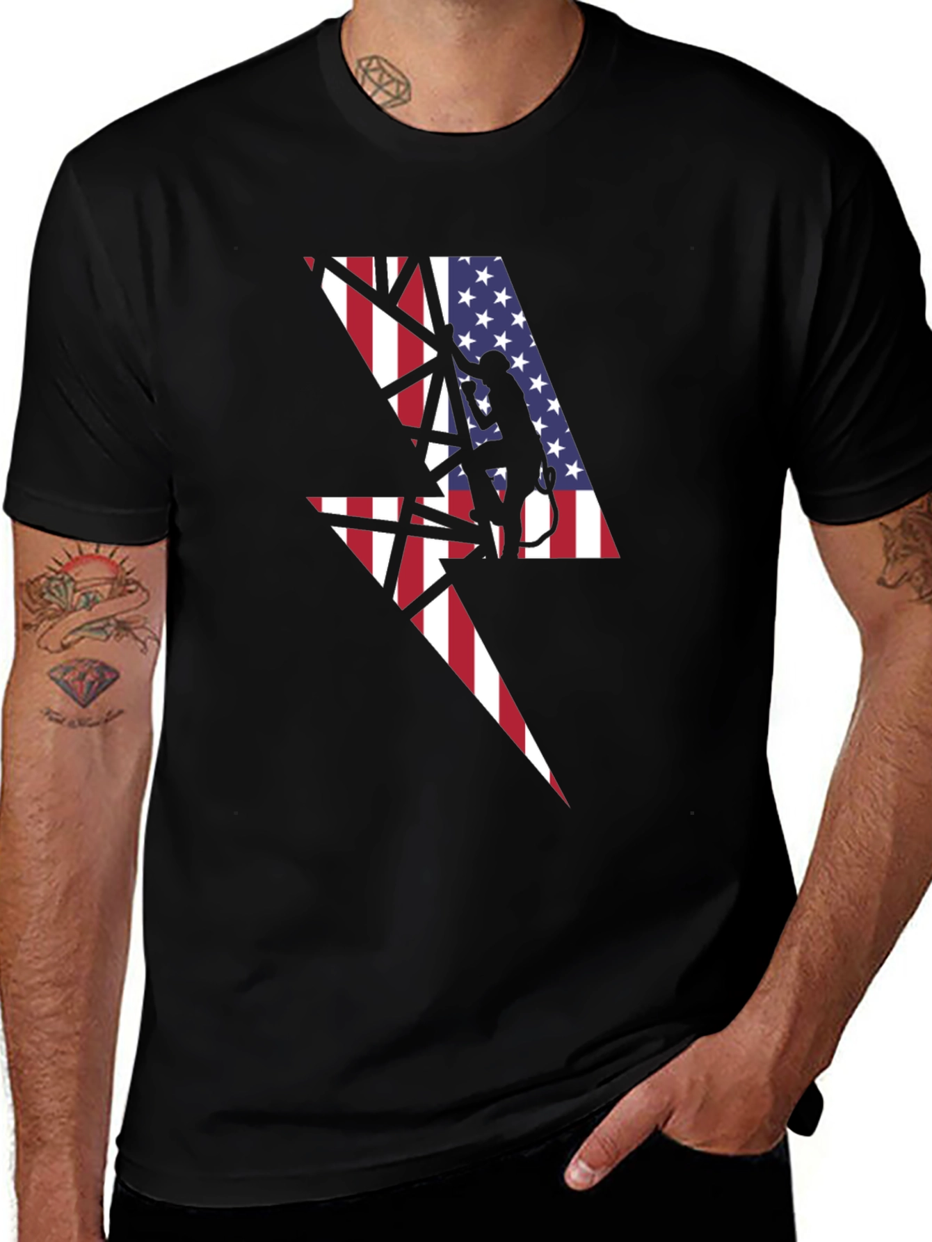 American Flag Lightning Bolt Lineman Black T-Shirt