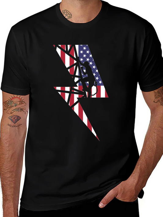 American Flag Lightning Bolt Lineman Black T-Shirt