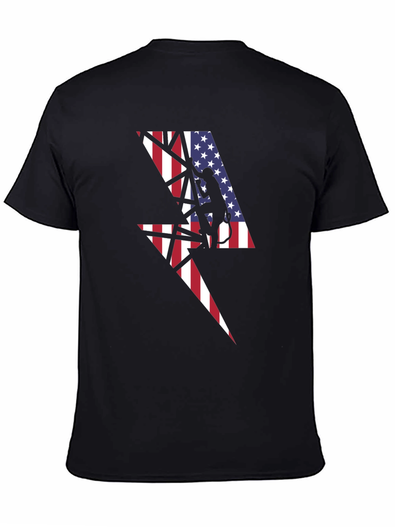 American Flag Lightning Bolt Lineman Black T-Shirt