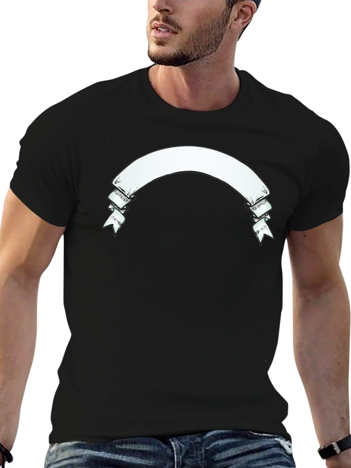 Mens Black Graphic T-Shirt with Banner Design