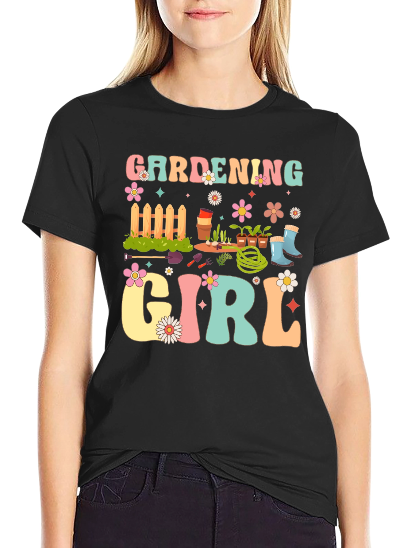 Gardening Girl Graphic Tee - Retro Floral Design