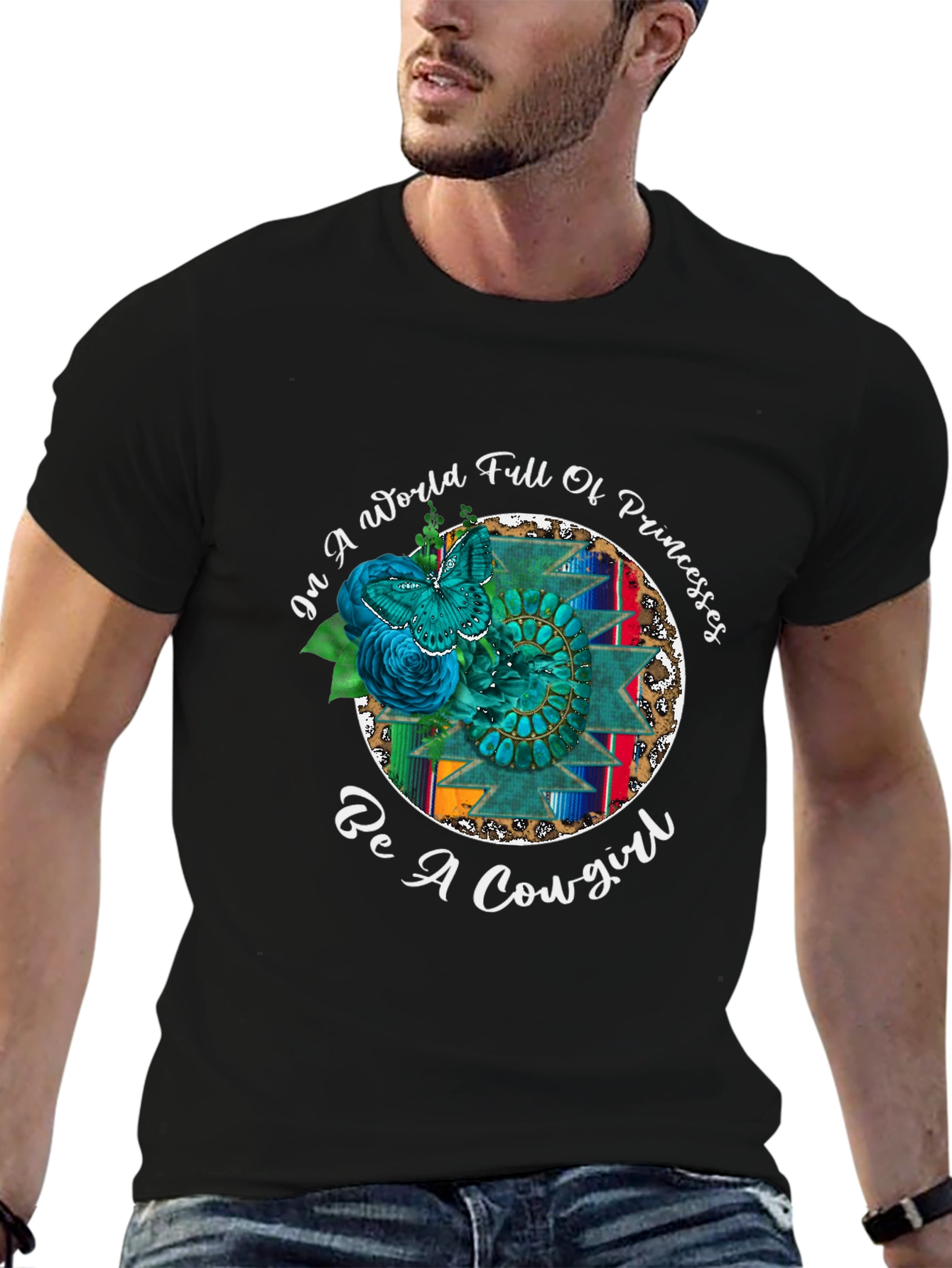 Cowgirl Graphic Tee - Turquoise Butterfly Western Design