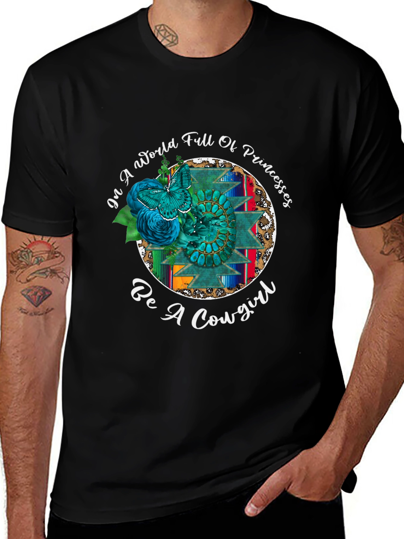 Cowgirl Graphic Tee - Turquoise Butterfly Western Design